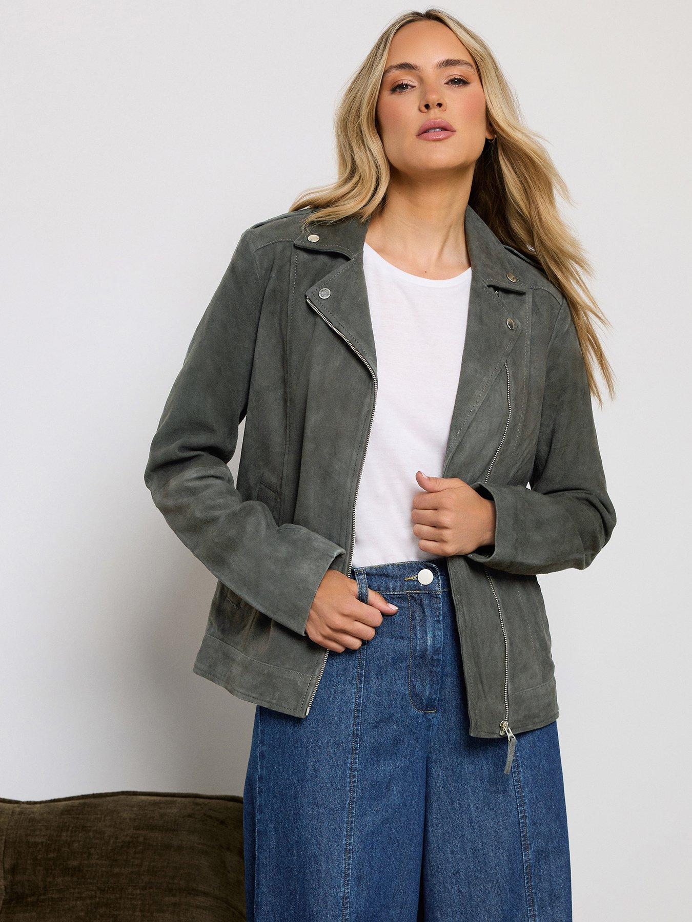 Image 1 of 4 of Long Tall Sally LTS PREMIUM Tall Suede Biker Jacket - Grey