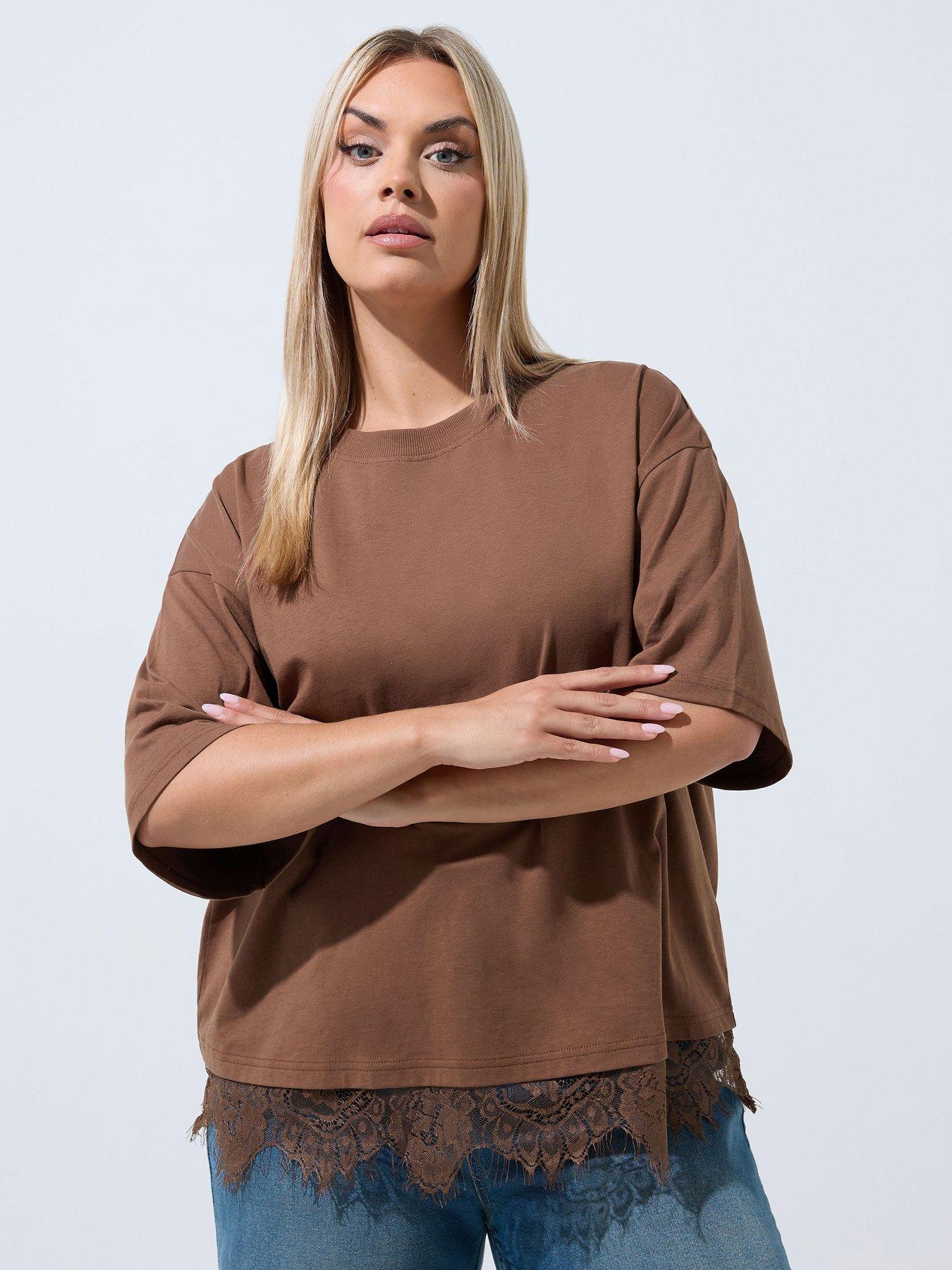 Yours Curve Lace Hem Top - Brown