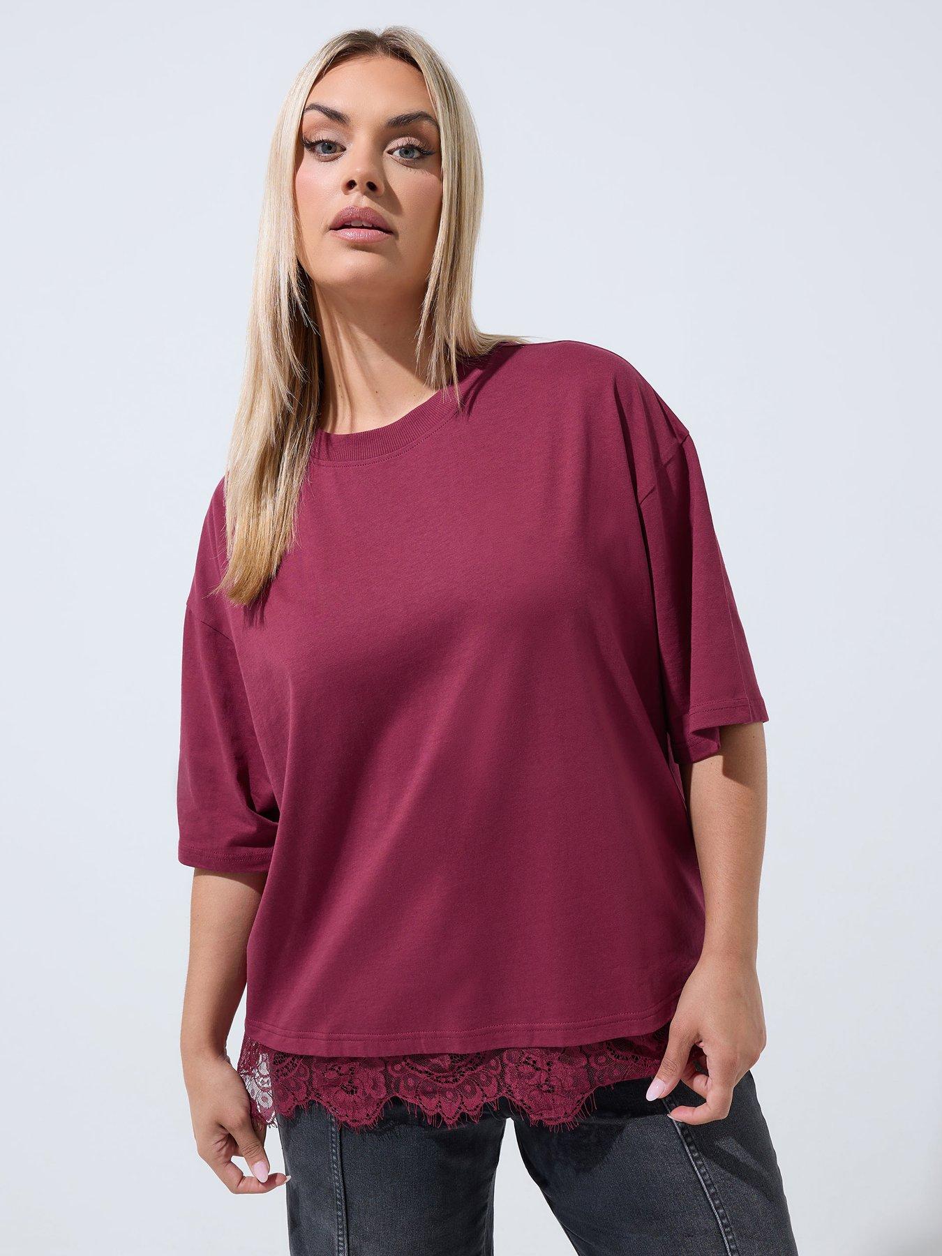 Yours LIMITED COLLECTION Curve Oversized Lace Hem T-Shirt - Burgundy Red