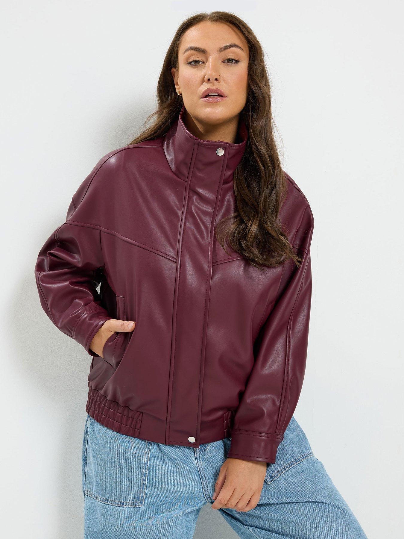Yours Curve Faux Leather Funnel Neck Jacket - Red