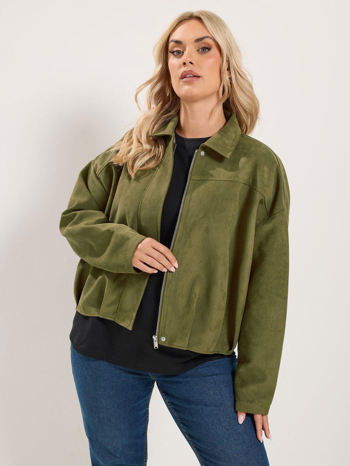 Image 1 of 4 of Yours Curve Suedette Bomber Jacket - Khaki Green