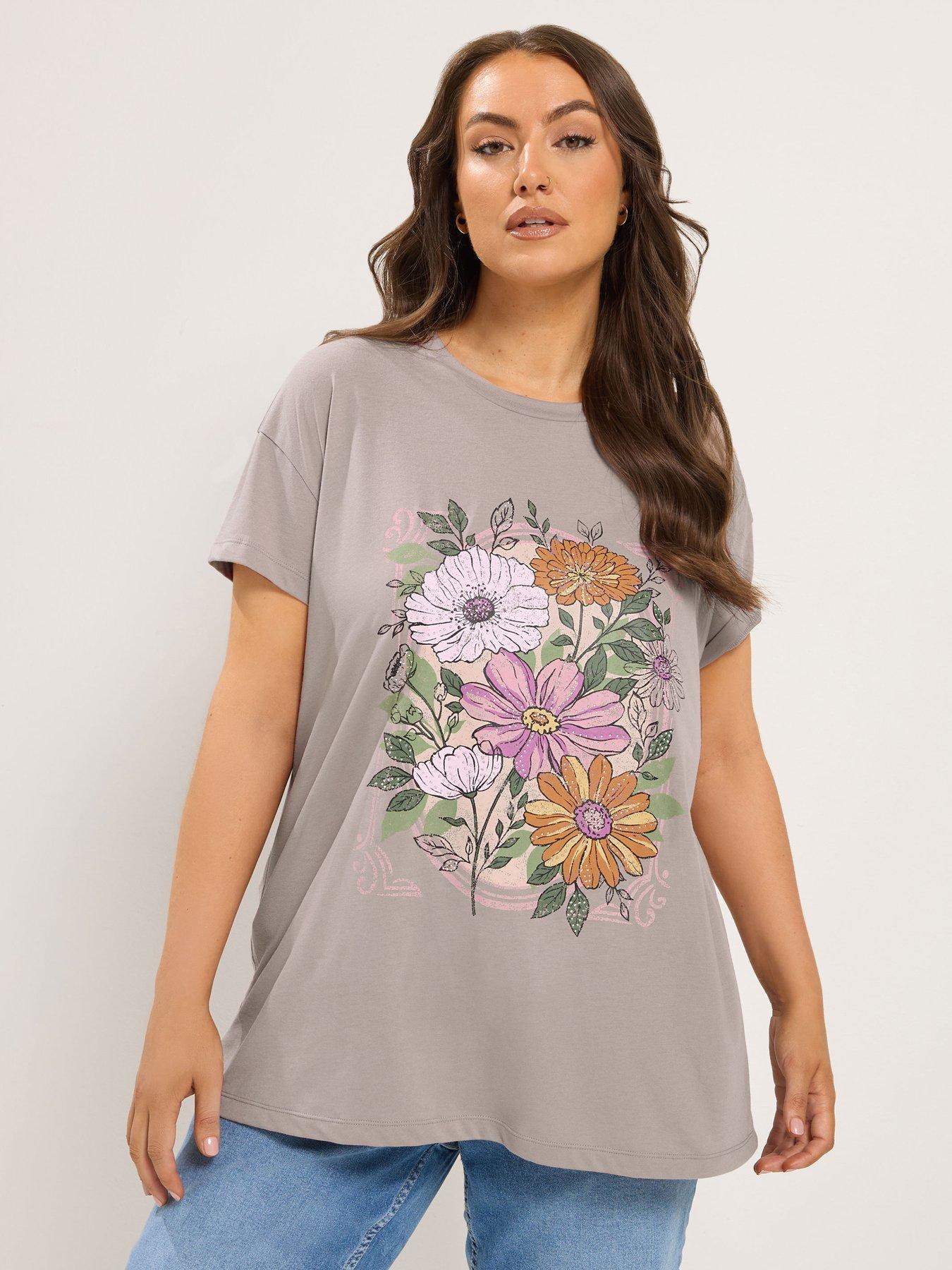 Yours Curve Women's Floral Stud Detail T-Shirt - Mocha Brown