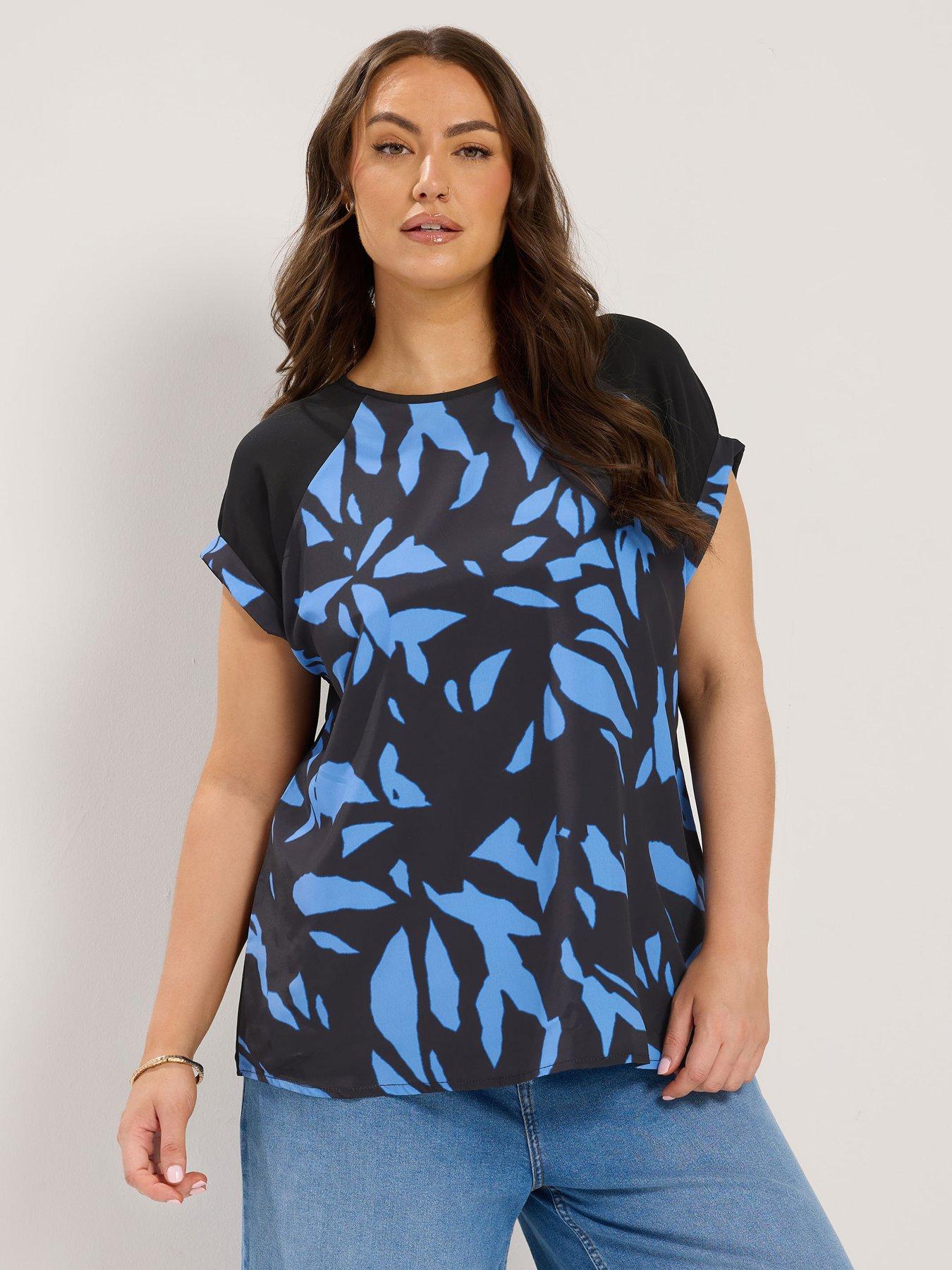 Yours Curve Abstract Contrast Sleeve Top - Blue