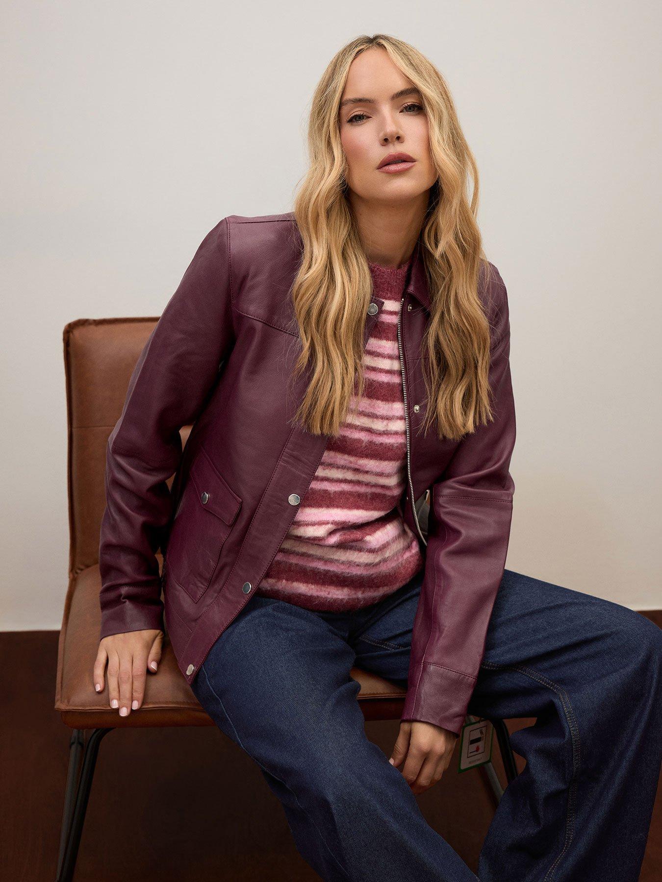Image 1 of 4 of Long Tall Sally LTS PREMIUM Tall Leather Bomber Jacket - Burgundy Red