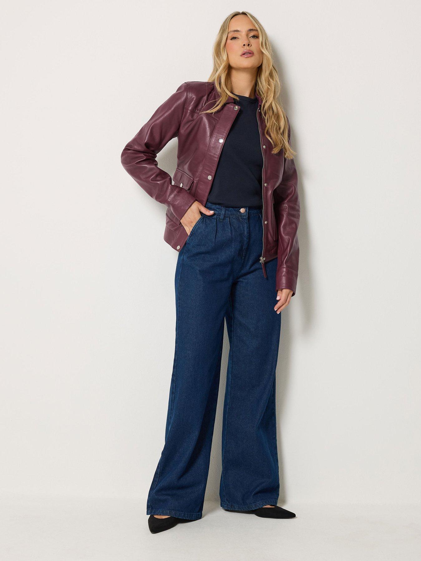 Image 3 of 4 of Long Tall Sally LTS PREMIUM Tall Leather Bomber Jacket - Burgundy Red