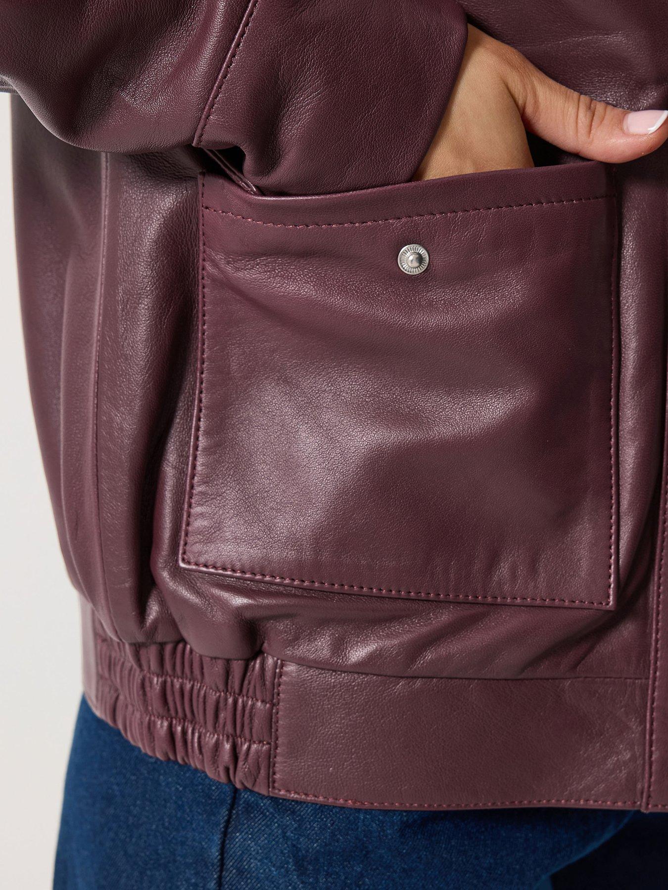 Image 4 of 4 of Long Tall Sally LTS PREMIUM Tall Leather Bomber Jacket - Burgundy Red