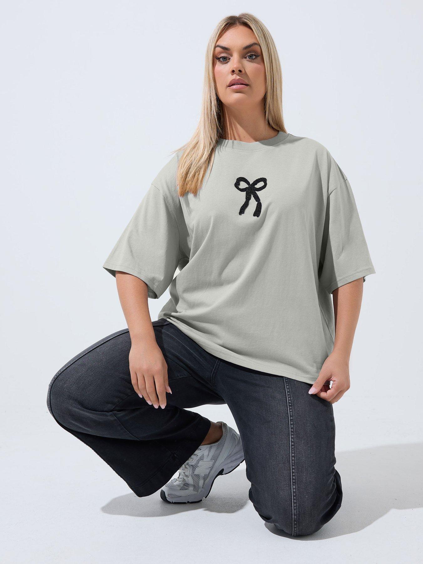 Yours Curve Bow Beaded Top - Grey
