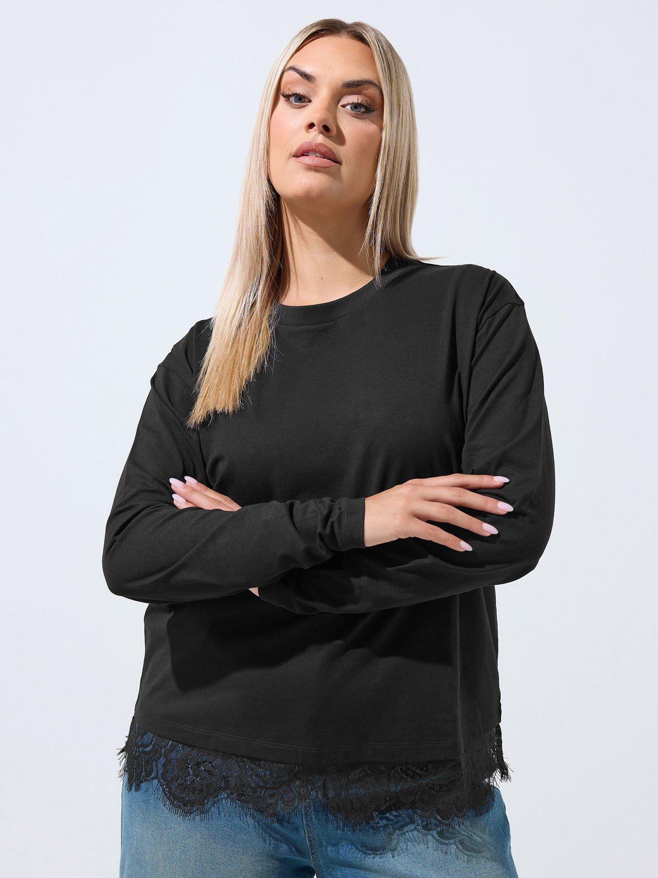 Yours Curve Long Sleeve Lace Hem Top - Black