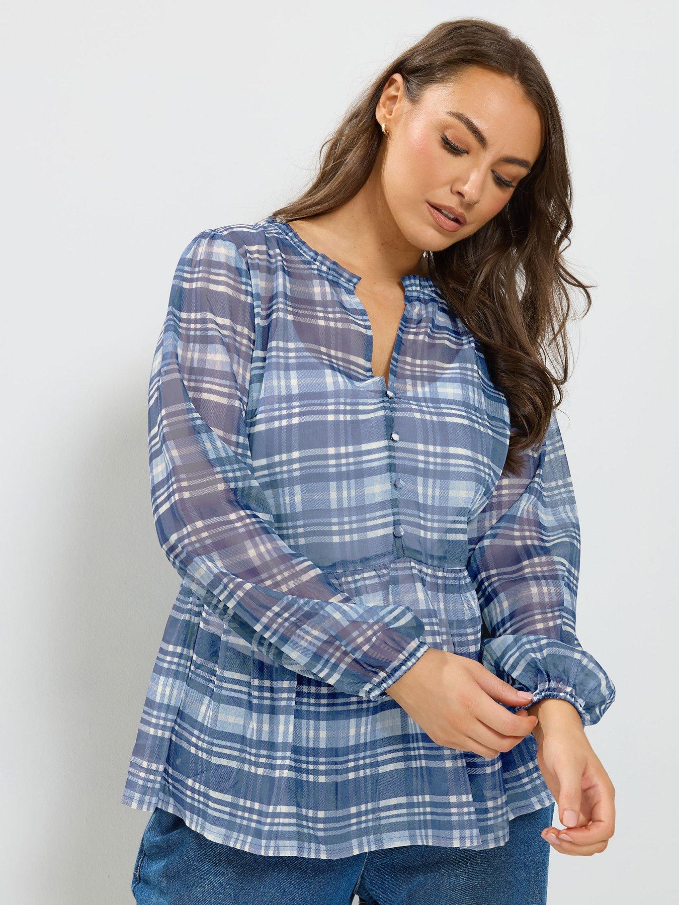 Yours Curve Check Chiffon Blouse - Blue