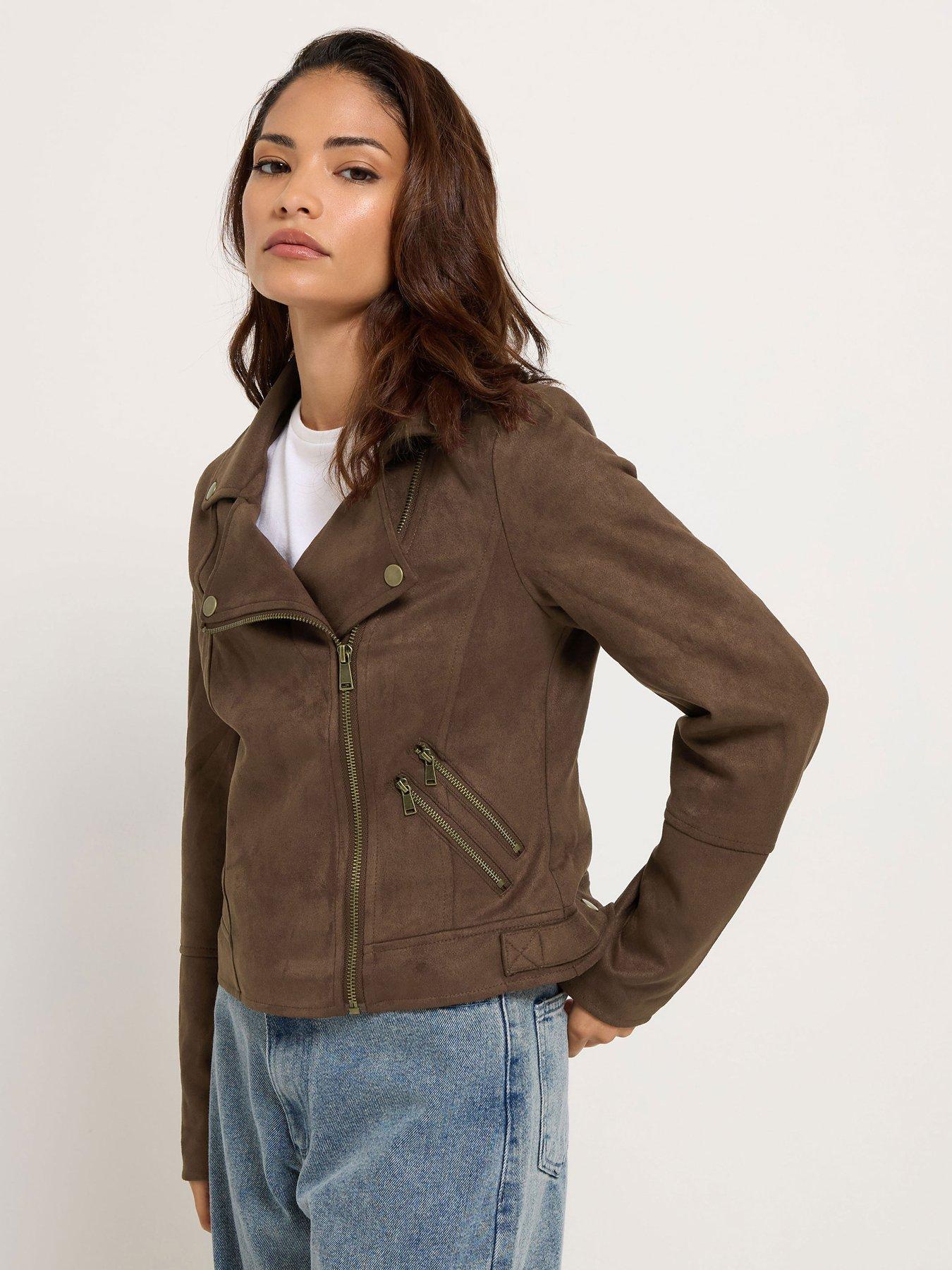 PixieGirl Petite Suedette Biker Jacket - Brown