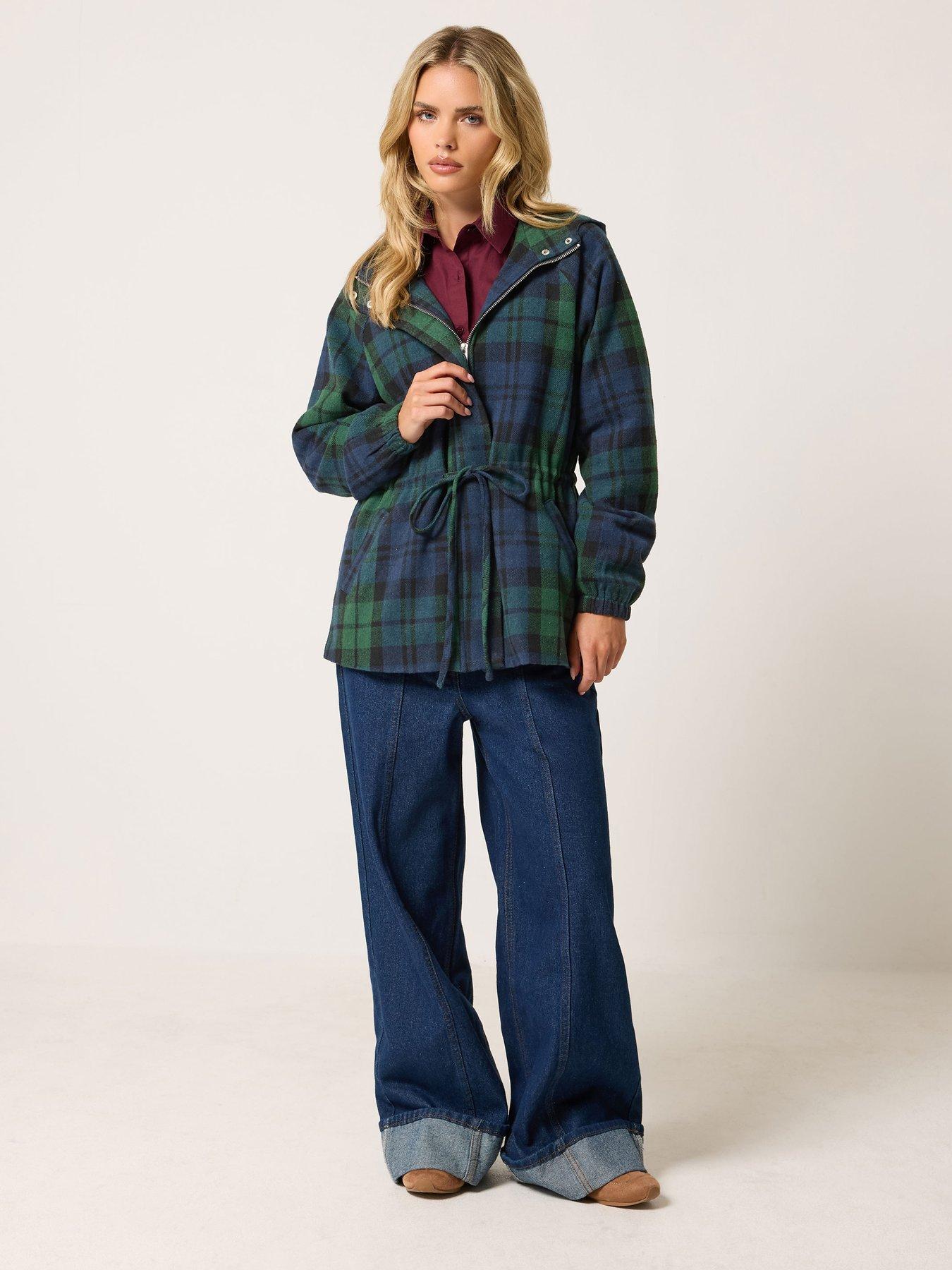 Image 3 of 4 of PixieGirl Womens Petite Brushed Check Drawcord Parka - Blue