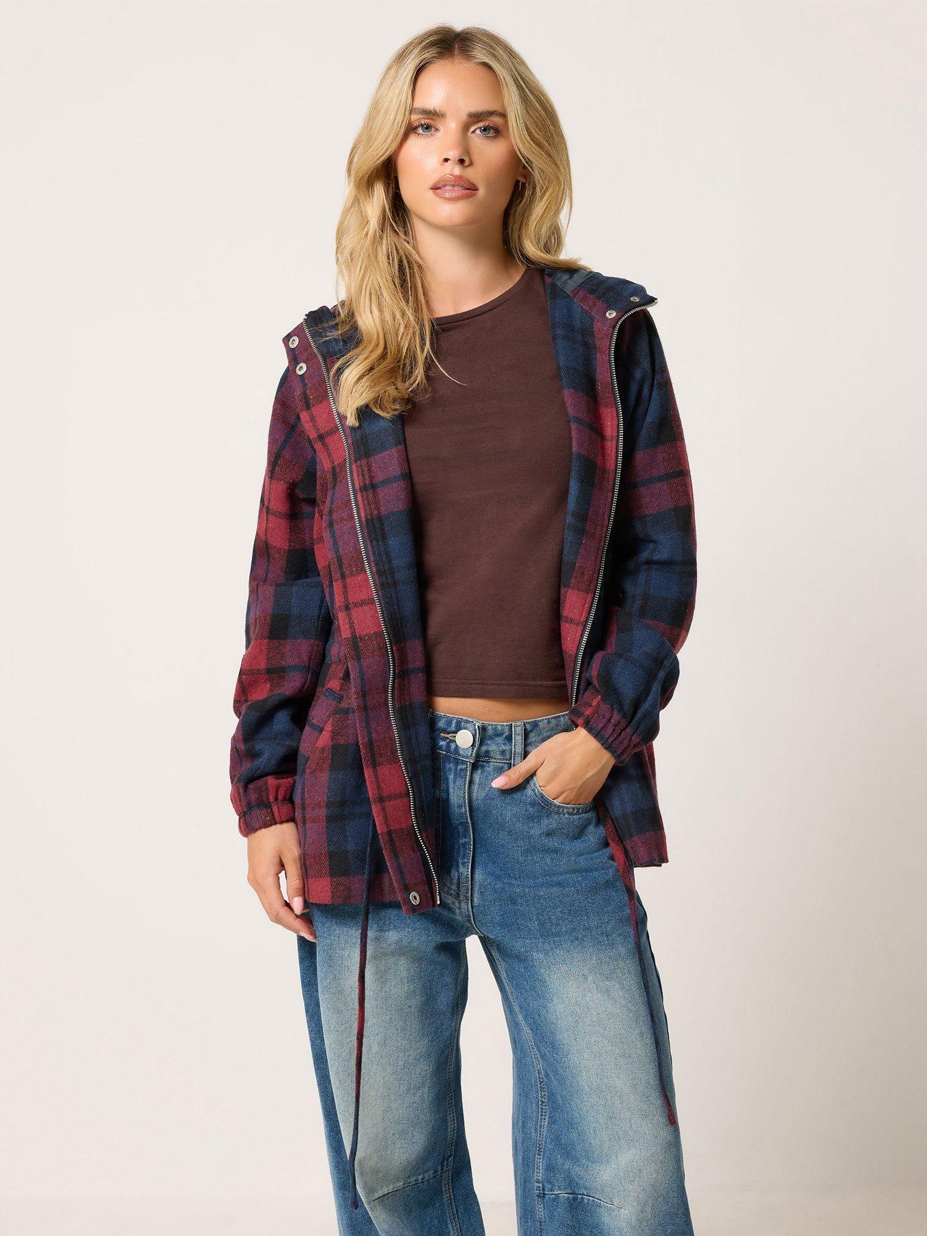 Image 1 of 4 of PixieGirl Womens Petite Brushed Check Hooded Parka - Red