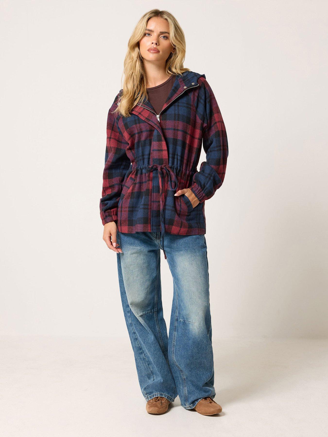 Image 3 of 4 of PixieGirl Womens Petite Brushed Check Hooded Parka - Red
