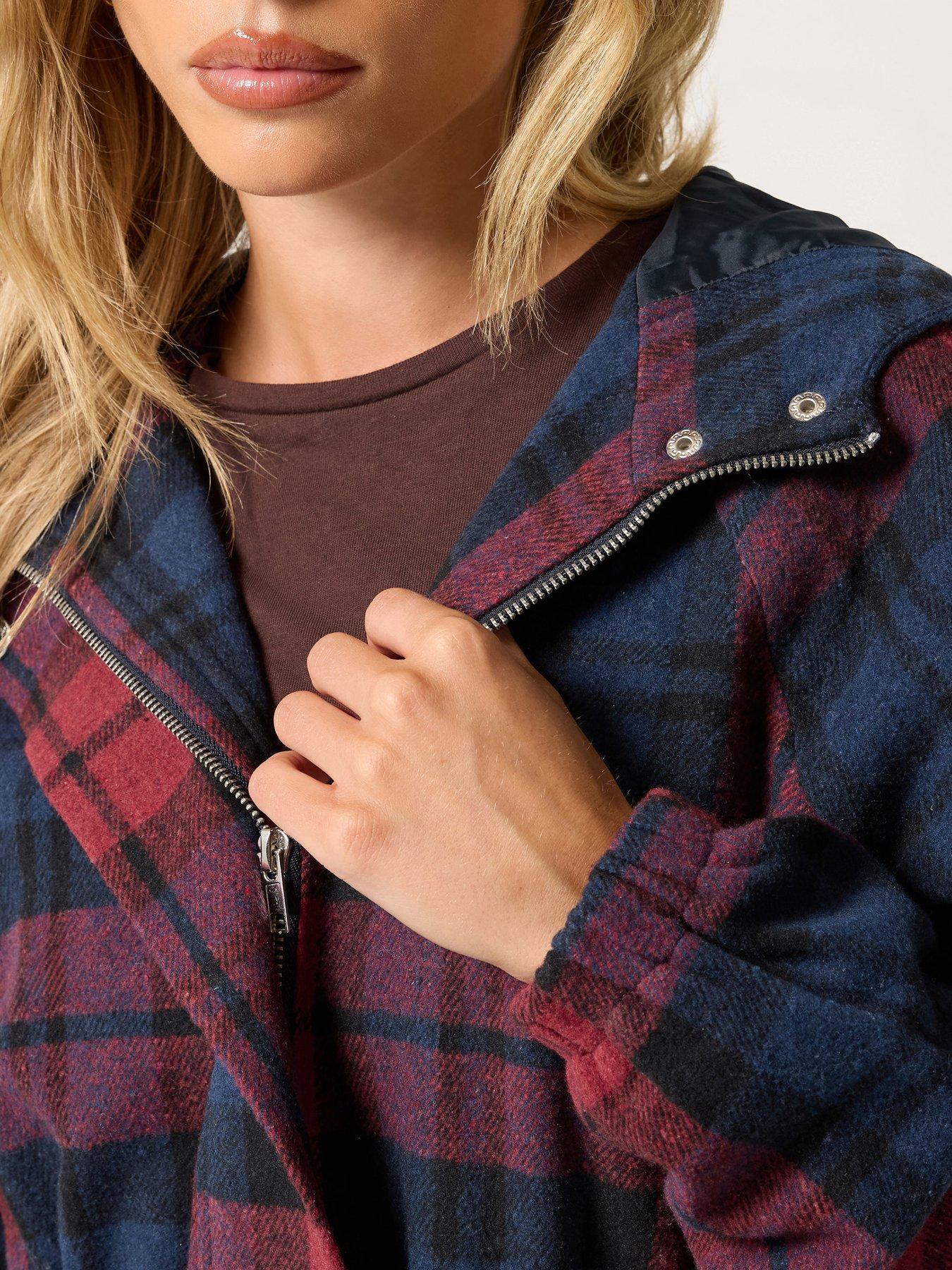 Image 4 of 4 of PixieGirl Womens Petite Brushed Check Hooded Parka - Red