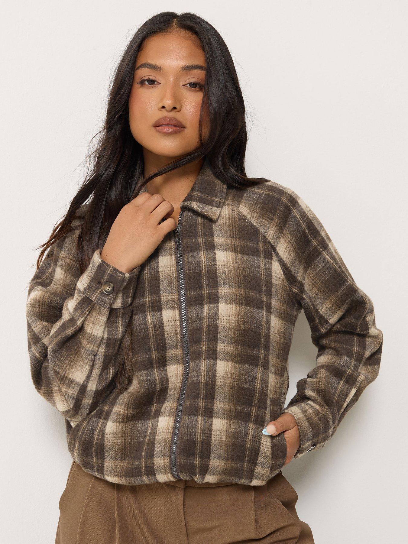 PixieGirl Petite Check Pu Collar Bomber Jacket - Brown