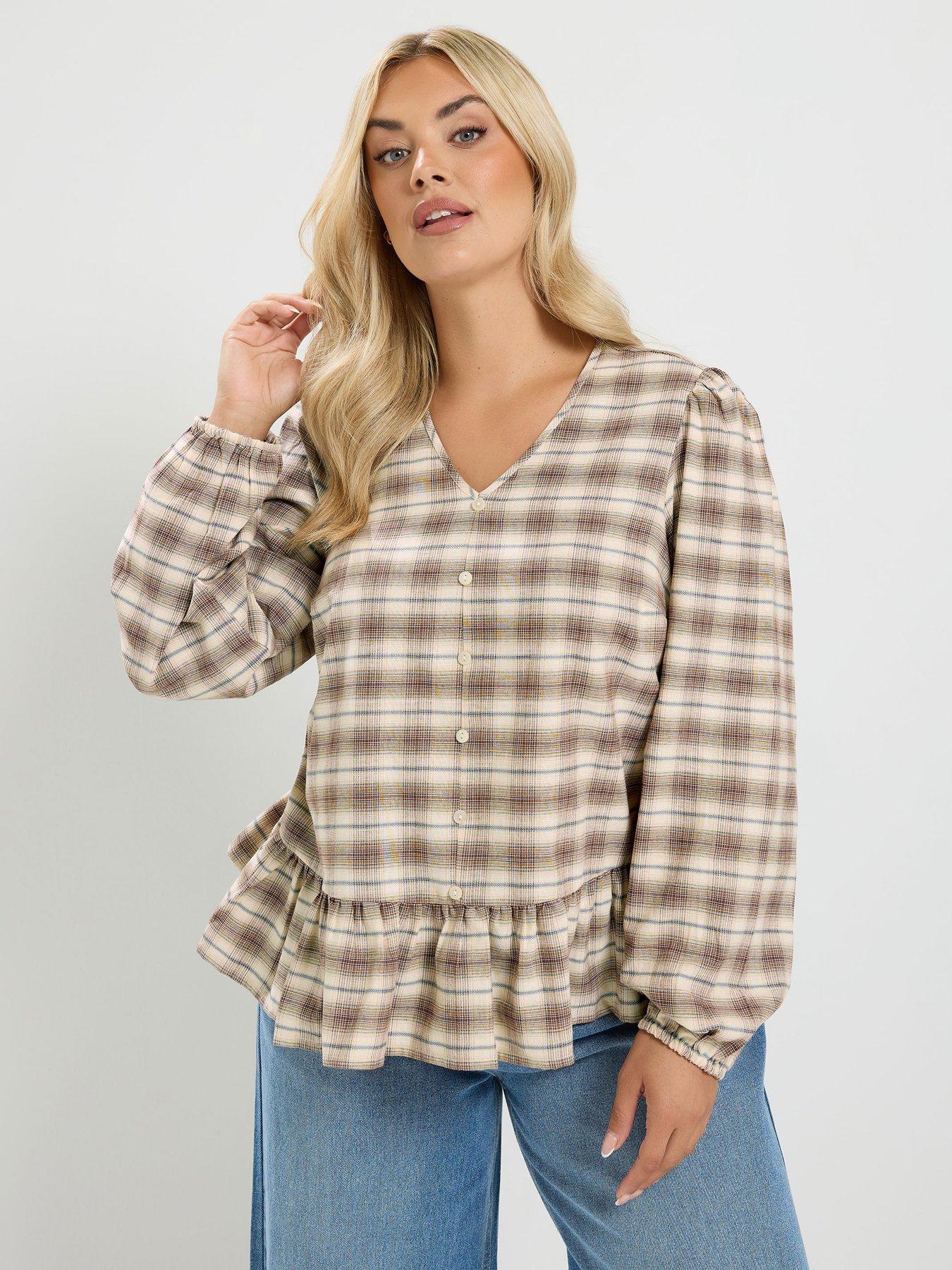 Yours Curve Check V Neck Peplum Top - Brown