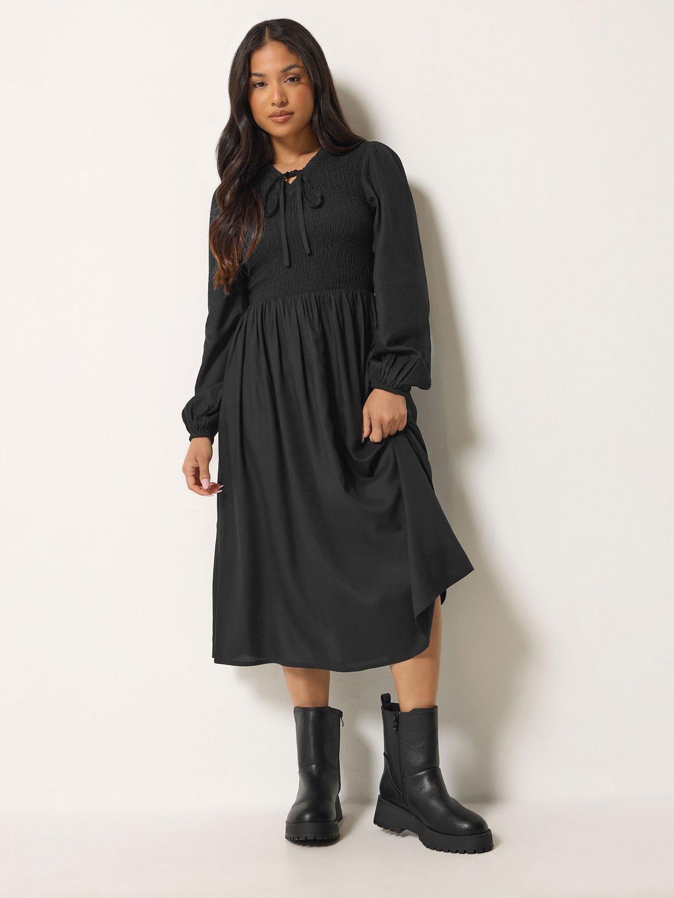 PixieGirl Petite Shirred Body Midi Dress - Black