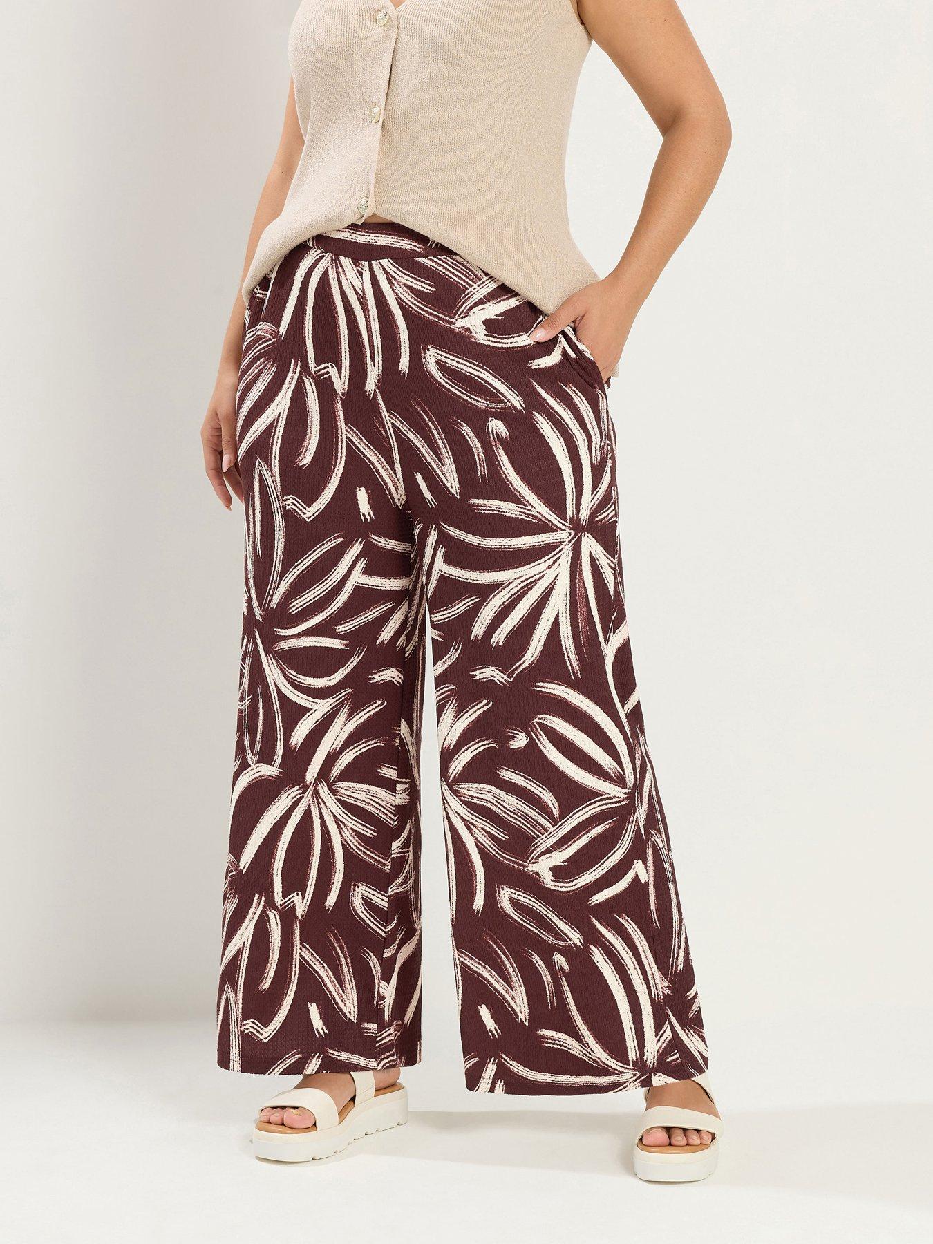 Image 1 of 4 of Yours Curve Abstract Print Wide Leg 30" Trousers - Brown