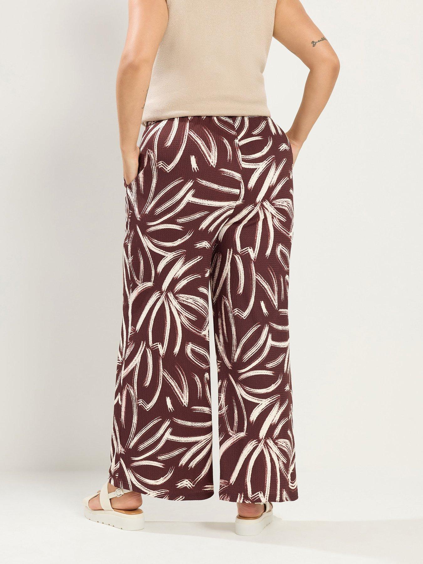Image 2 of 4 of Yours Curve Abstract Print Wide Leg 30" Trousers - Brown