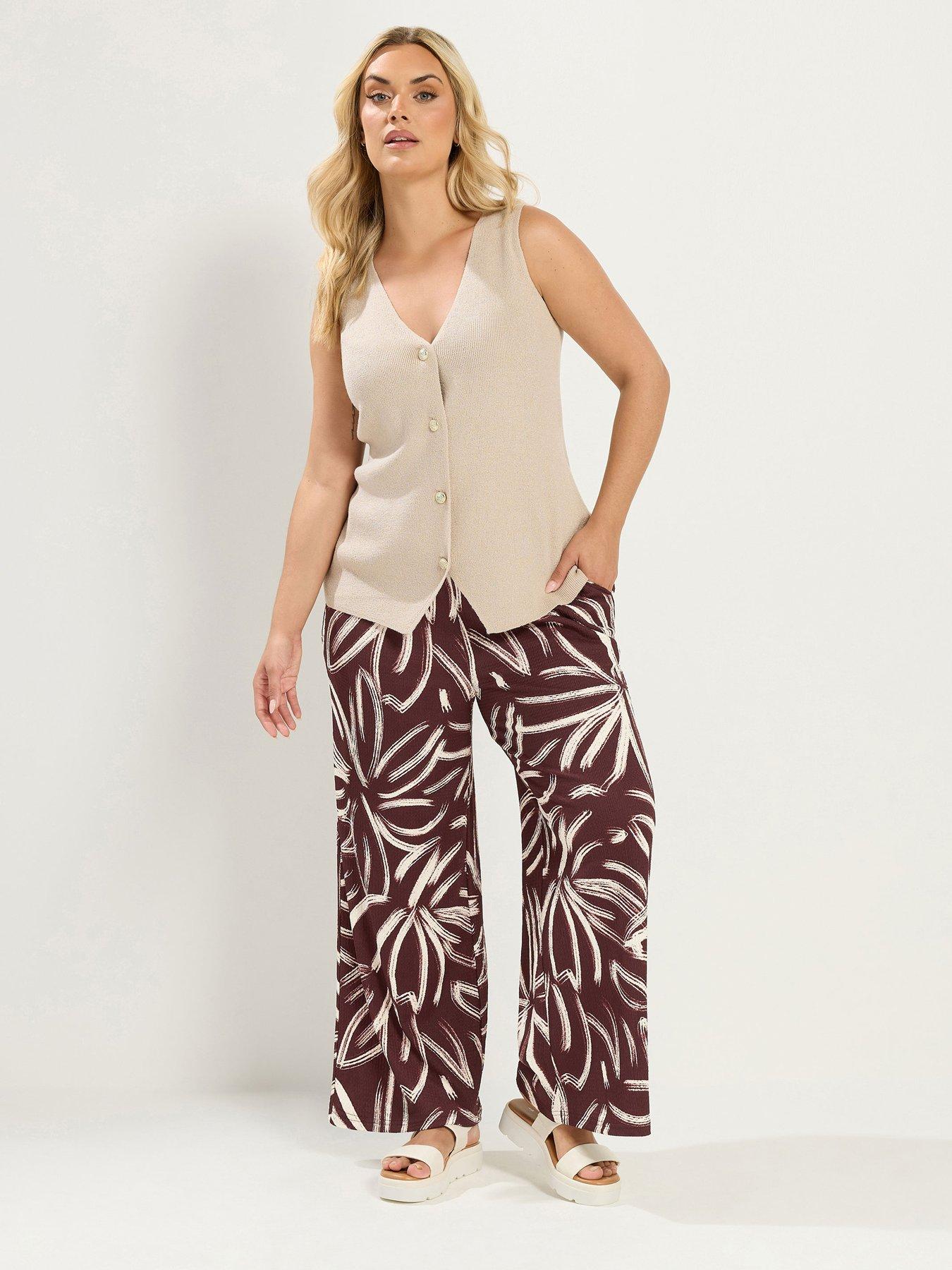 Image 3 of 4 of Yours Curve Abstract Print Wide Leg 30" Trousers - Brown