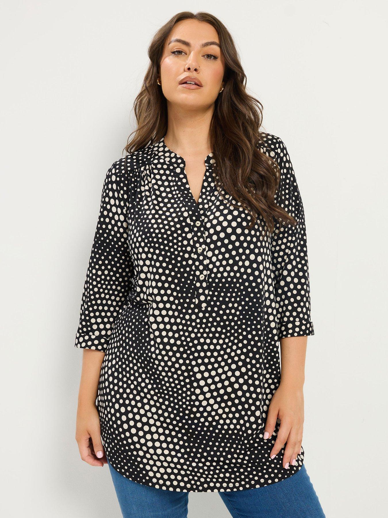 Yours Curve Polka Dot Half Placket Shirt - Black