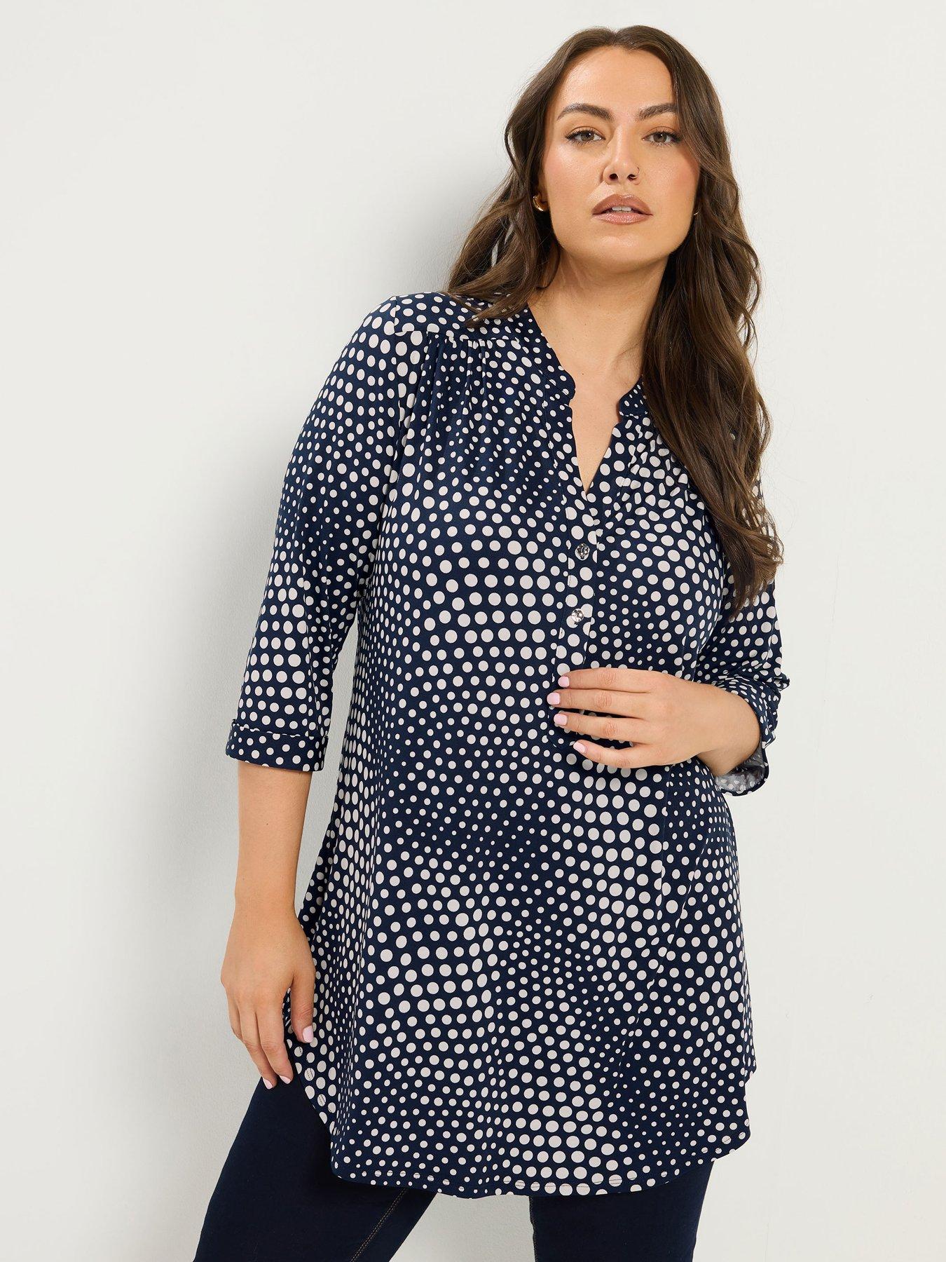 Yours Curve Polka Dot Half Placket Shirt - Navy Blue