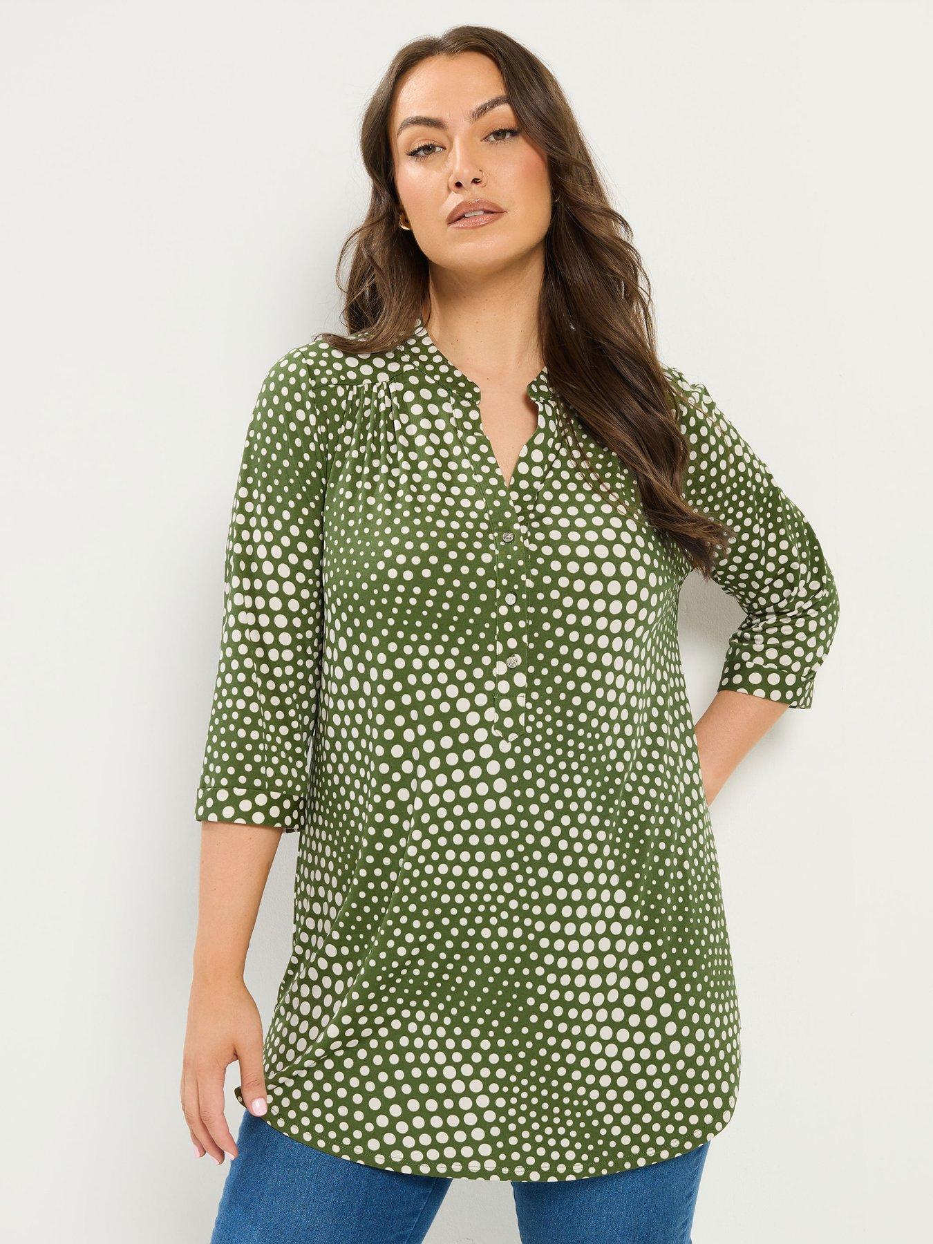 Image 1 of 4 of Yours Curve Polka Dot Half Placket Shirt - Green