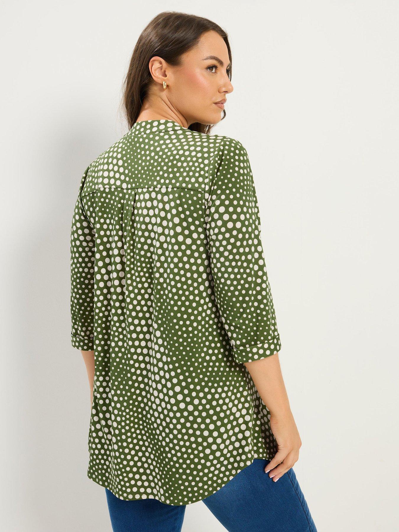 Image 2 of 4 of Yours Curve Polka Dot Half Placket Shirt - Green