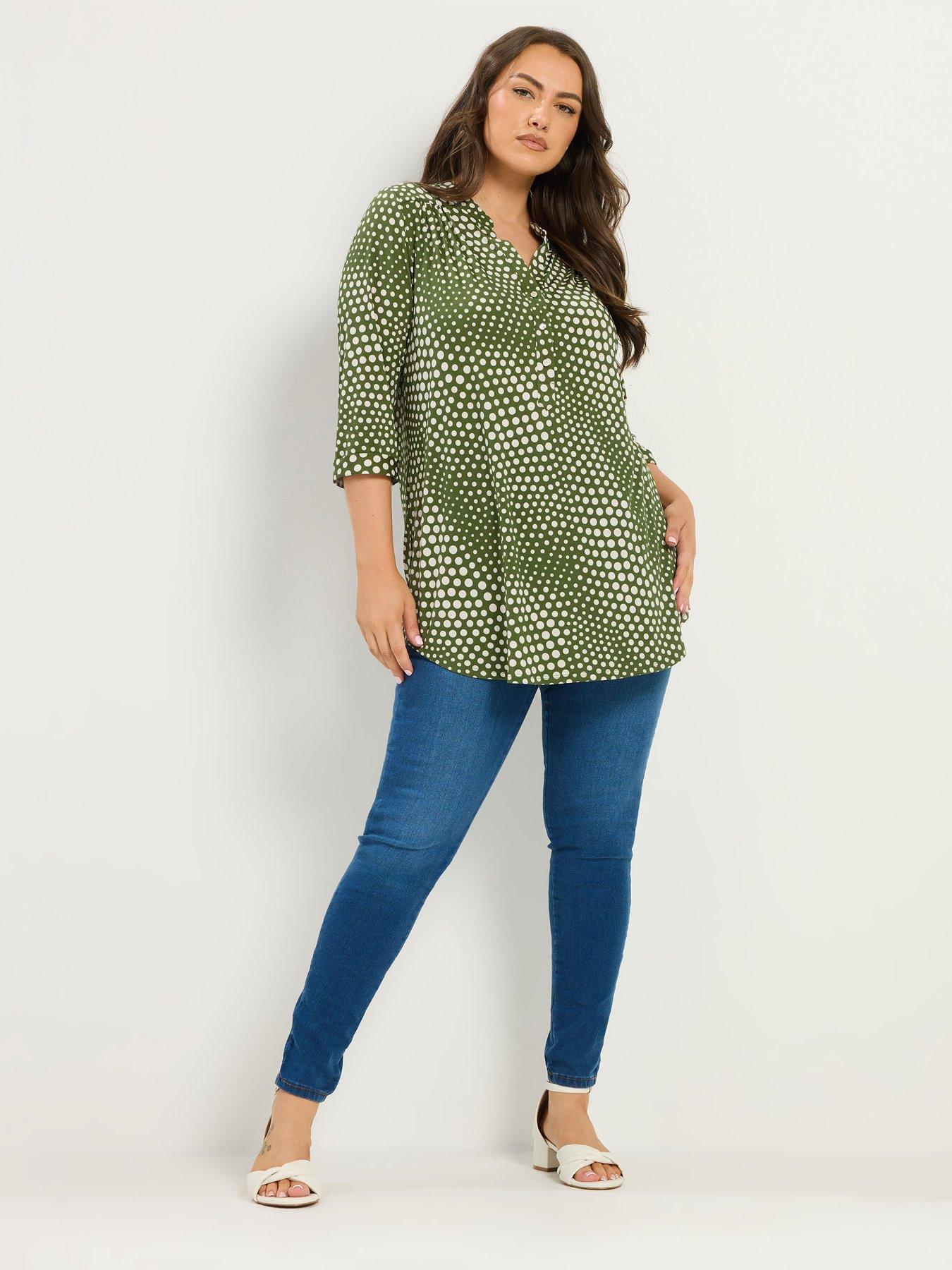 Image 3 of 4 of Yours Curve Polka Dot Half Placket Shirt - Green