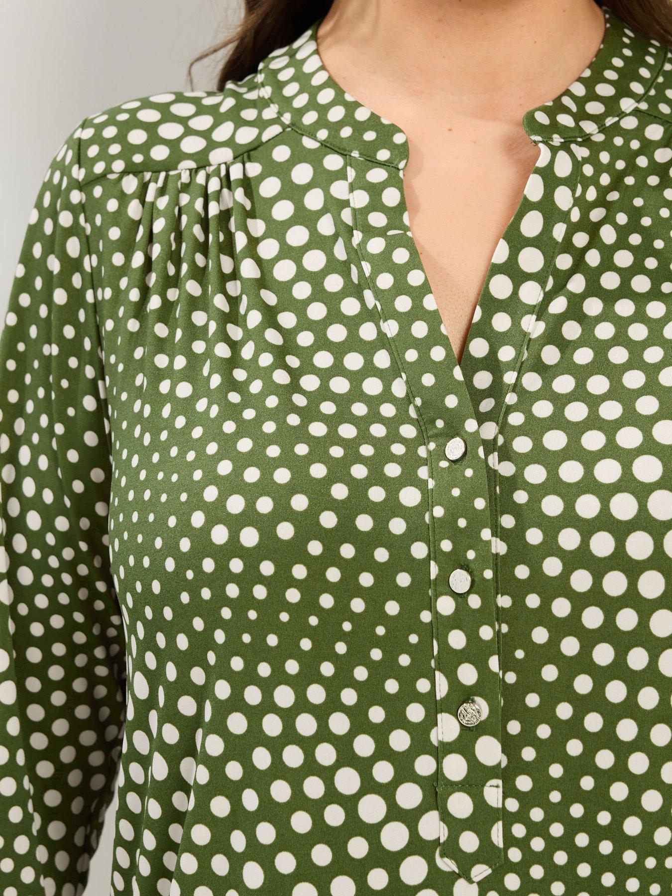 Image 4 of 4 of Yours Curve Polka Dot Half Placket Shirt - Green