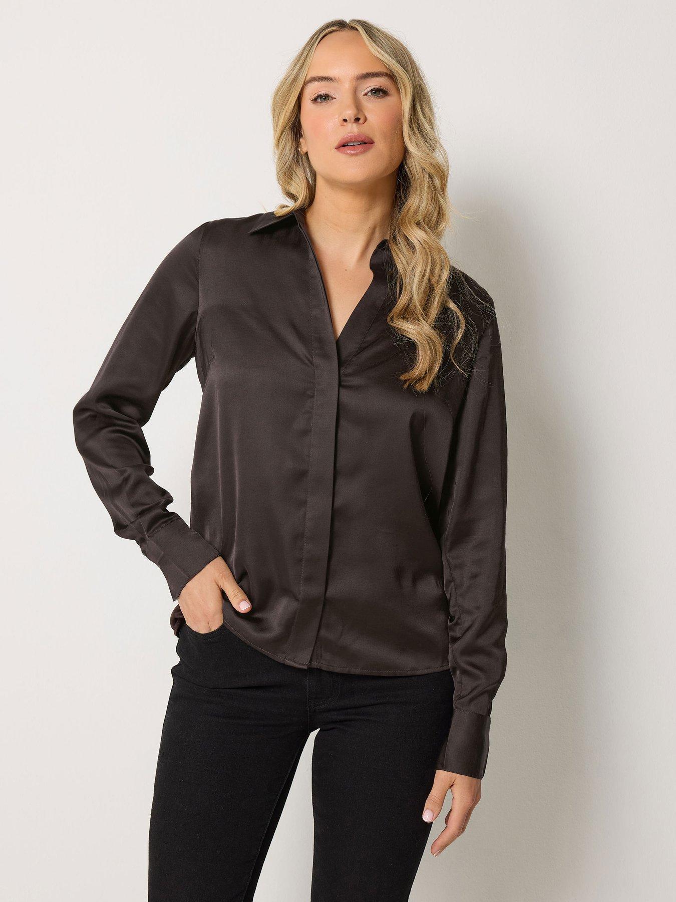 Long Tall Sally Satin Button Thru Shirt - Brown
