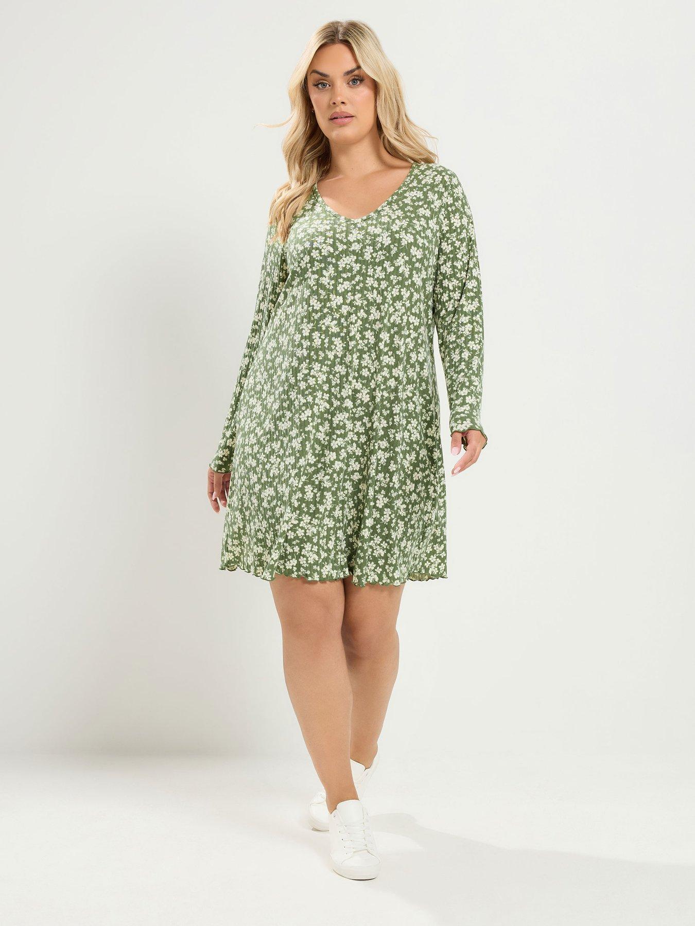 Yours Curve Floral Ribbed Tunic Dress - Green