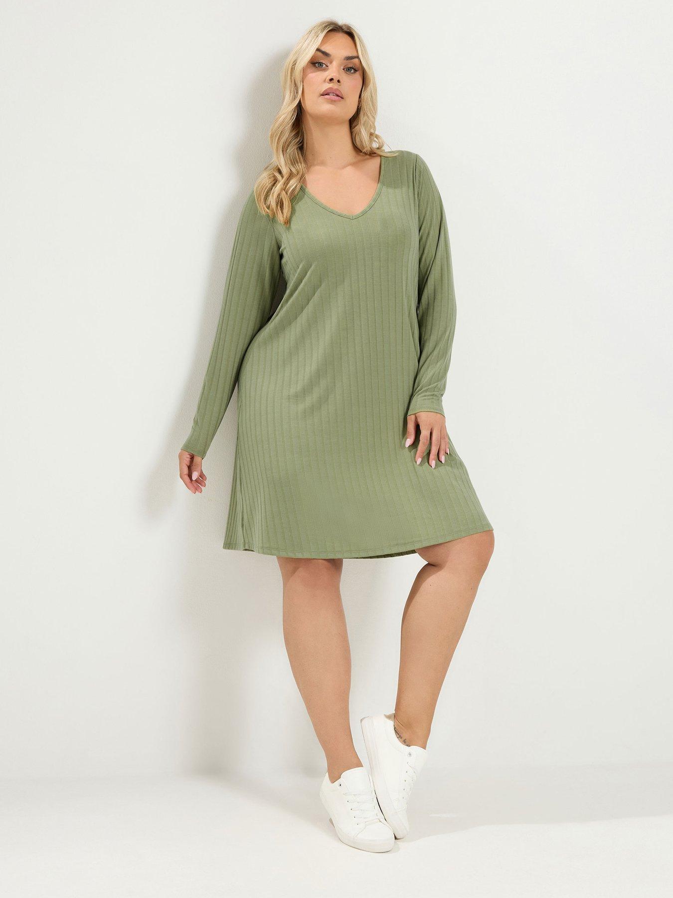 Yours Curve Ribbed Tunic Dress - Green