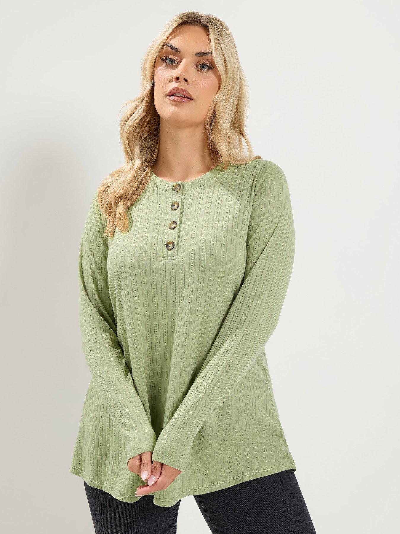 Yours Curve Pointelle Henley Top - Green