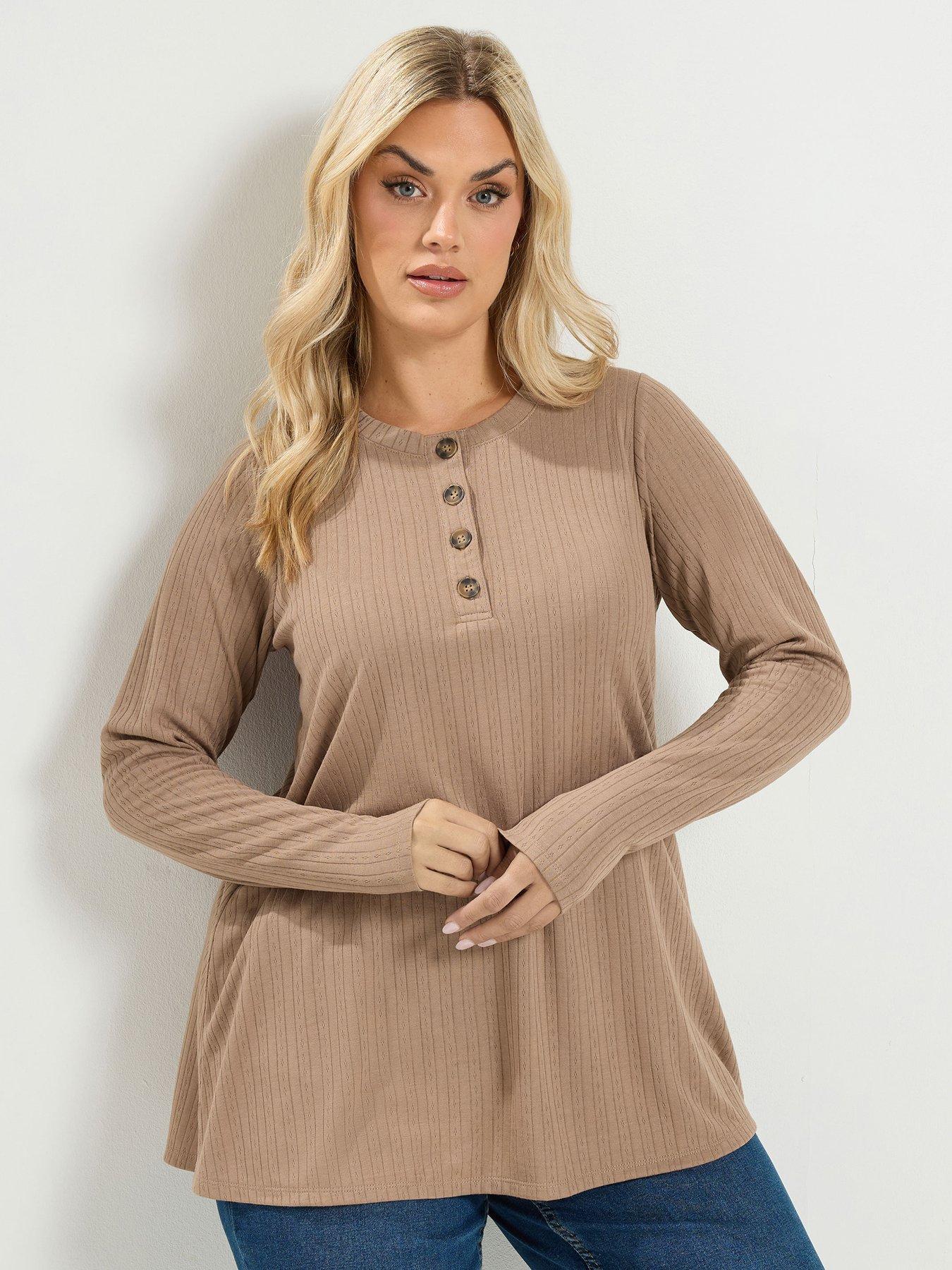 Yours Curve Pointelle Henley Top - Beige