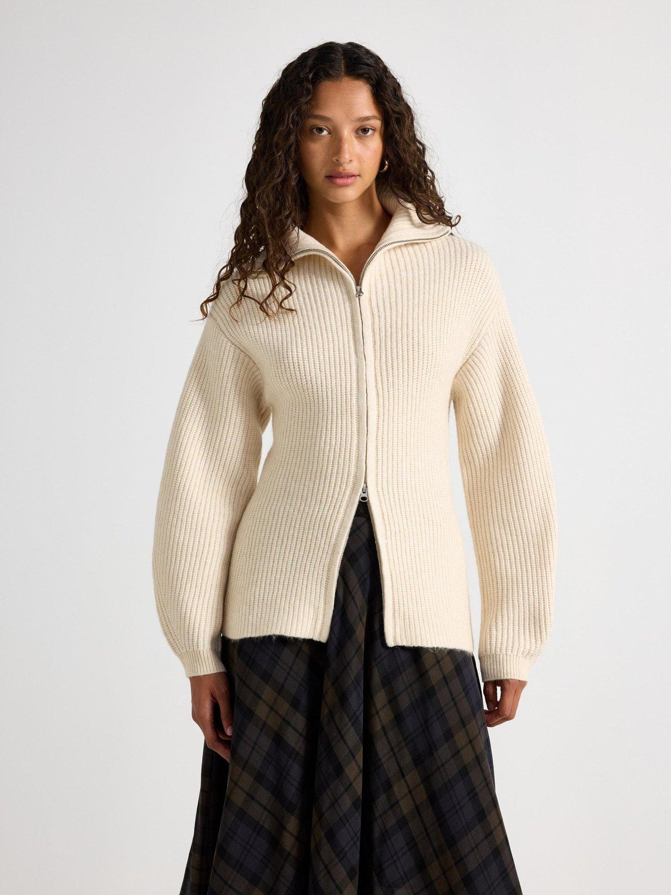 Image 1 of 4 of Lindex Women's Fia Knitted Zip Cardigan with Balloon Sleeves - Light Beige