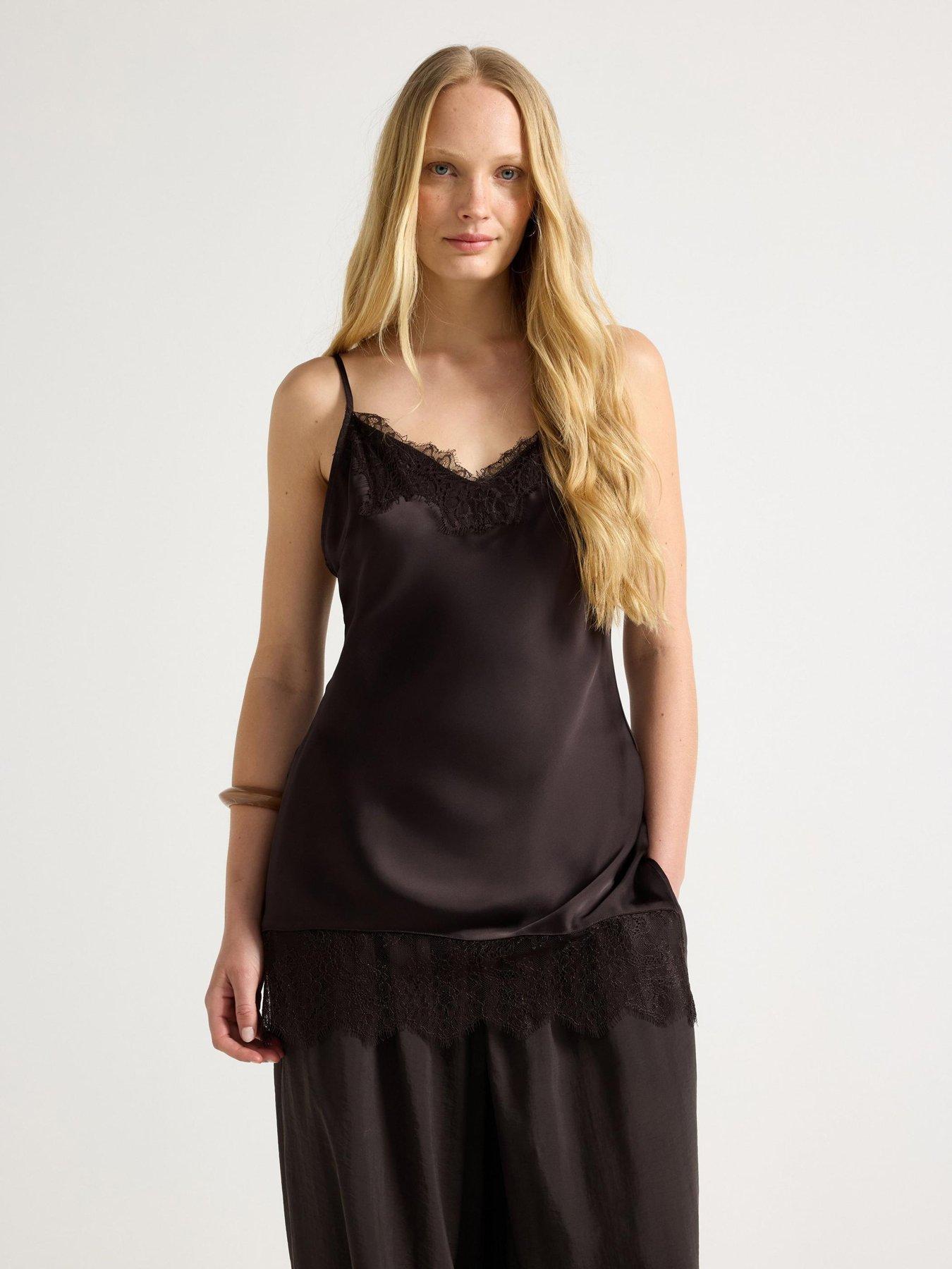 Image 1 of 4 of Lindex Womens Satin V-Neck Lace Trim Camisole - Brown