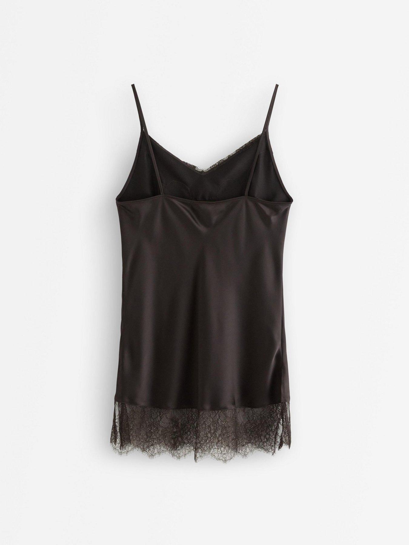 Image 3 of 4 of Lindex Womens Satin V-Neck Lace Trim Camisole - Brown