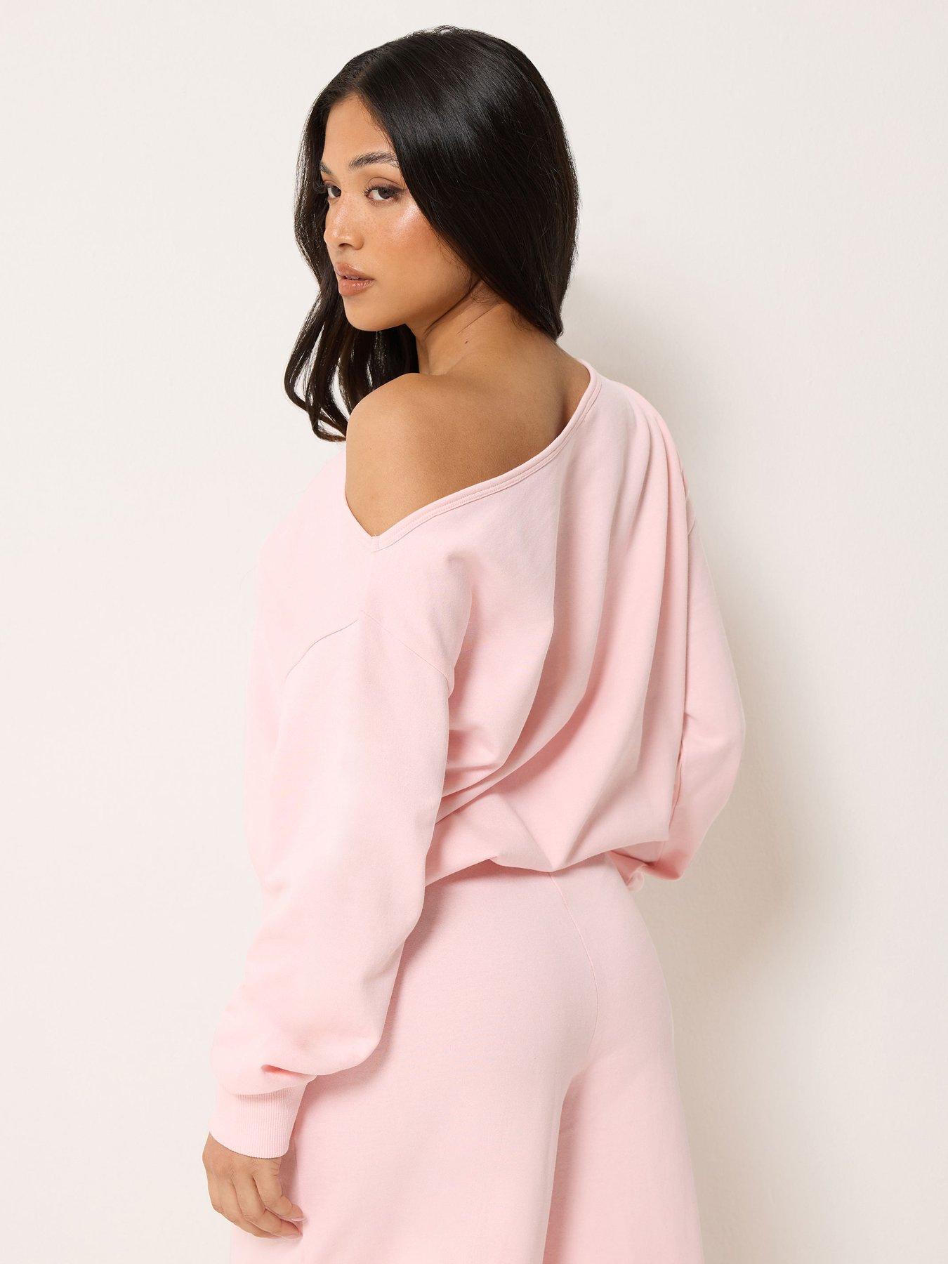Image 2 of 4 of PixieGirl Womens Petite Off-Shoulder Slouch Drawcord Sweatshirt - Pink