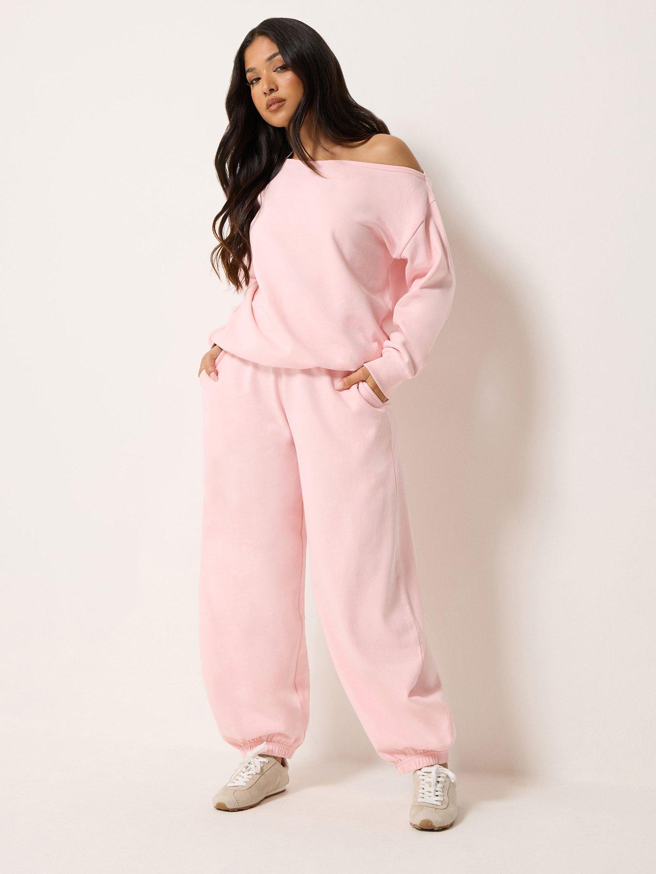 Image 3 of 4 of PixieGirl Womens Petite Off-Shoulder Slouch Drawcord Sweatshirt - Pink