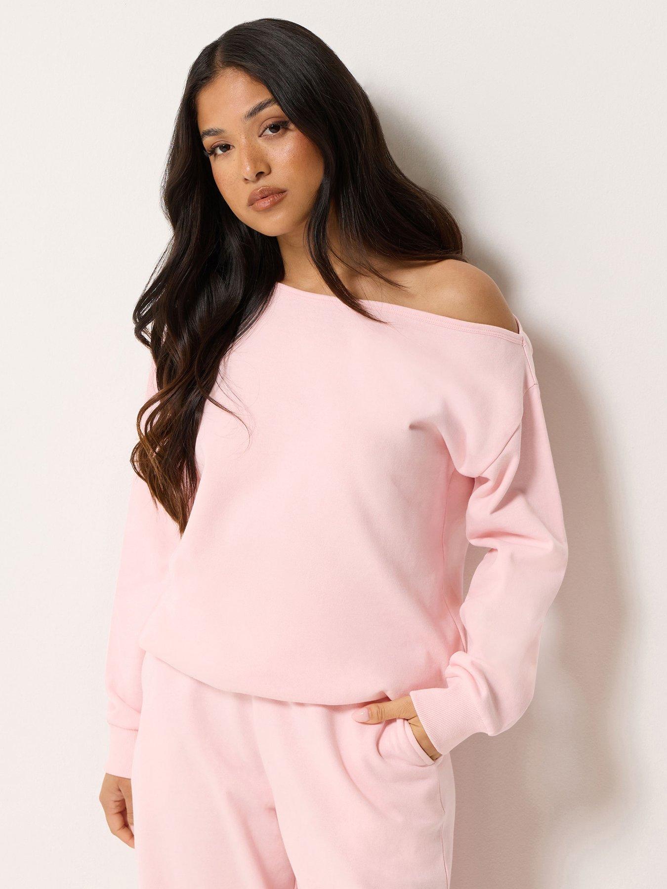 Image 4 of 4 of PixieGirl Womens Petite Off-Shoulder Slouch Drawcord Sweatshirt - Pink