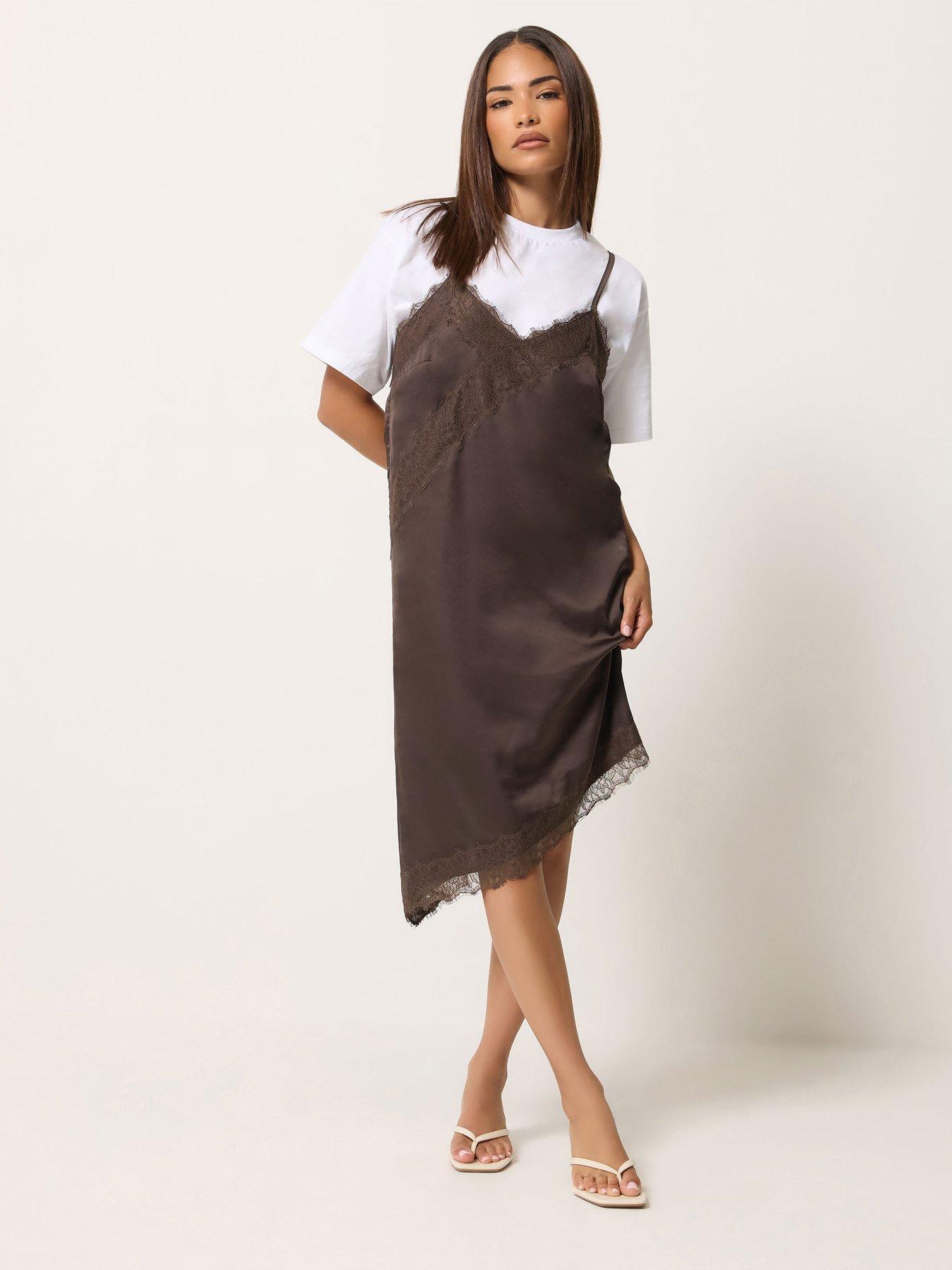 Image 1 of 4 of PixieGirl Womens Petite Lace Satin Asymmetric Slip Dress - Brown