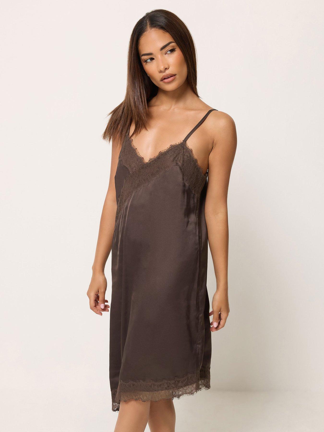 Image 3 of 4 of PixieGirl Womens Petite Lace Satin Asymmetric Slip Dress - Brown