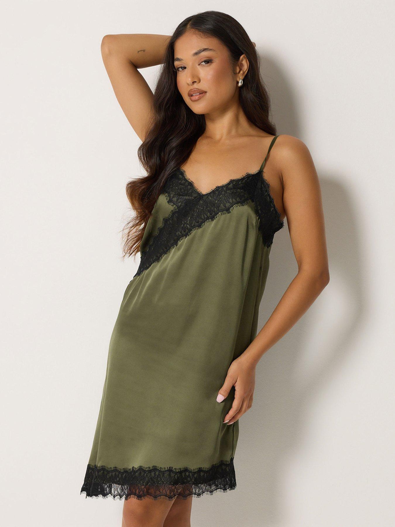 Image 1 of 4 of PixieGirl Womens Petite Lace Satin Asymmetric Slip Dress - Green