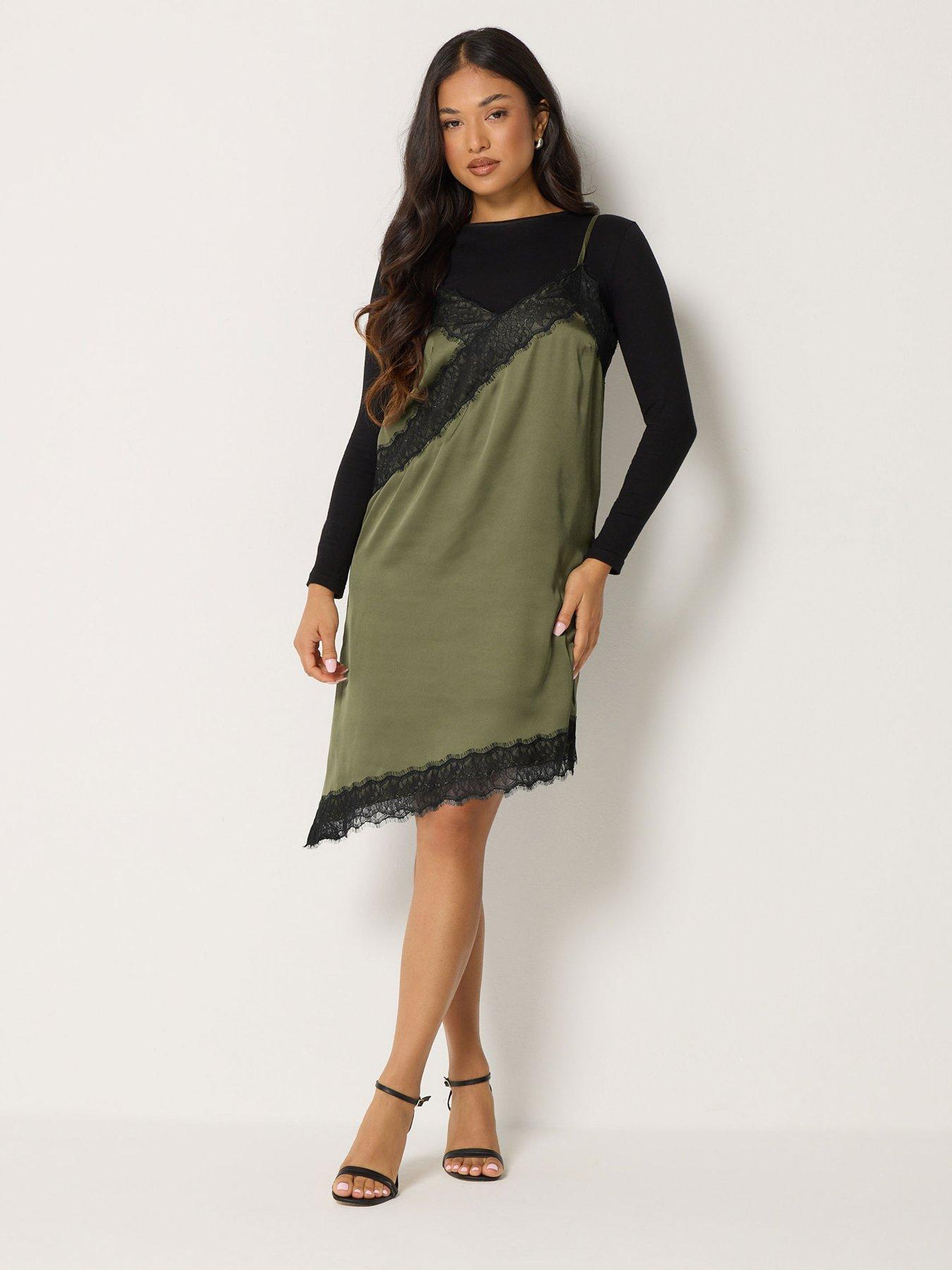 Image 3 of 4 of PixieGirl Womens Petite Lace Satin Asymmetric Slip Dress - Green
