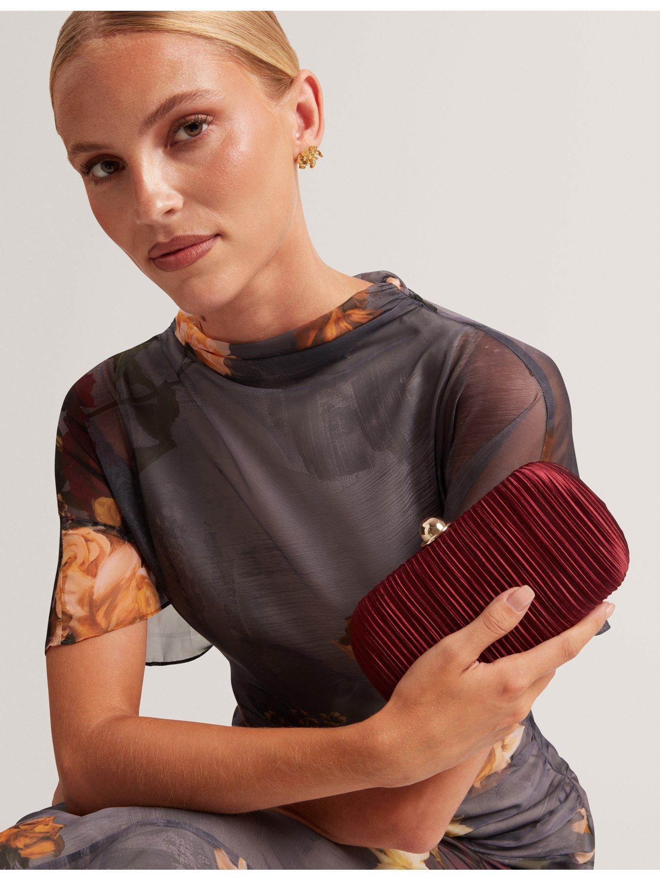 Image 2 of 5 of Ted Baker Pleated Satin Hard Clutch Bag - Red