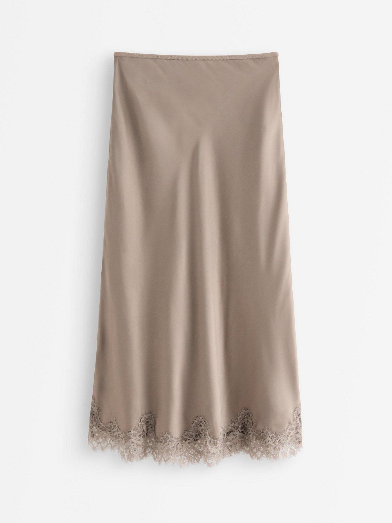 Image 2 of 4 of Lindex Women's Satin Midi Skirt with Lace Trim - Light Dusty Khaki