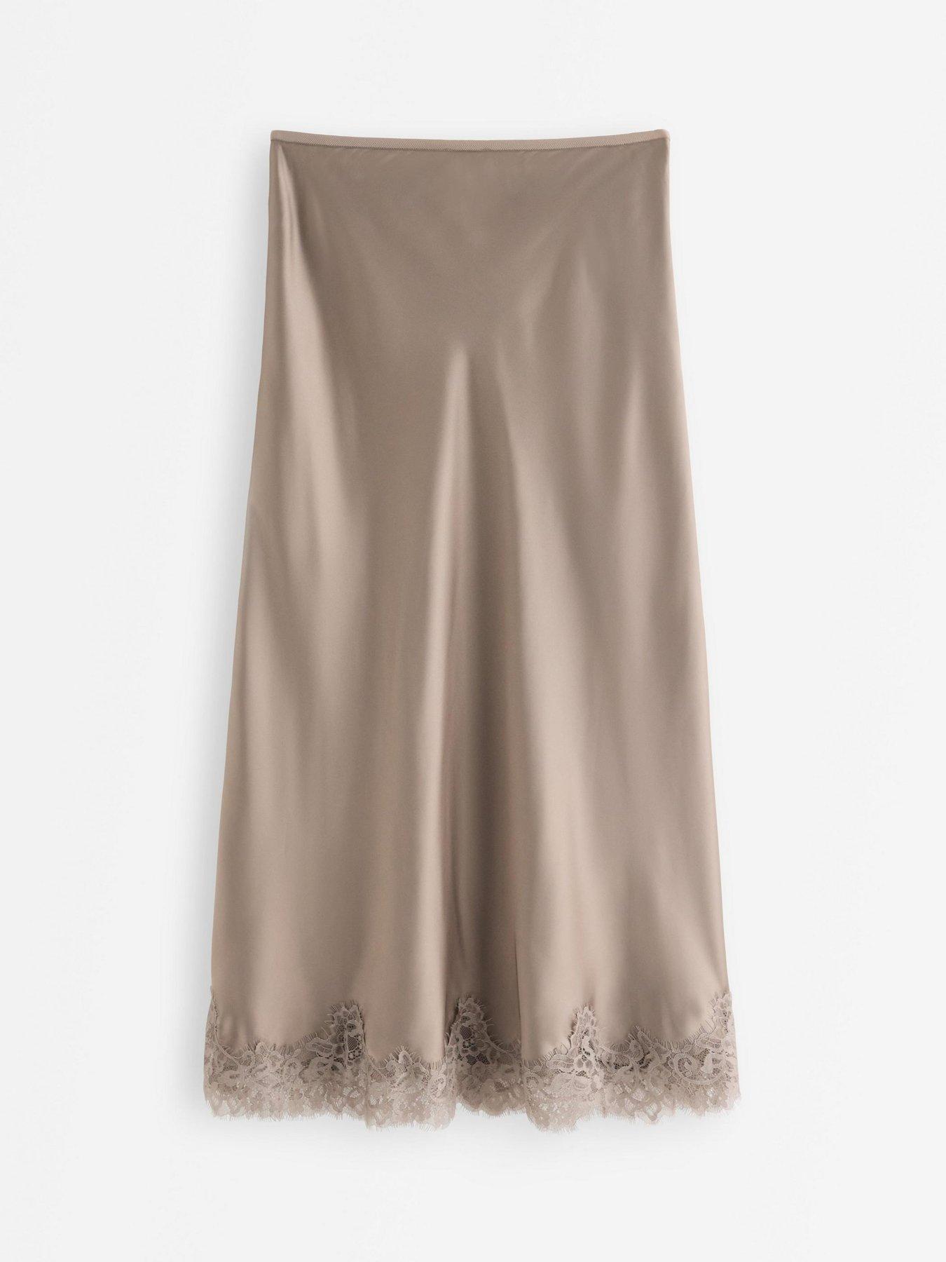Image 3 of 4 of Lindex Women's Satin Midi Skirt with Lace Trim - Light Dusty Khaki