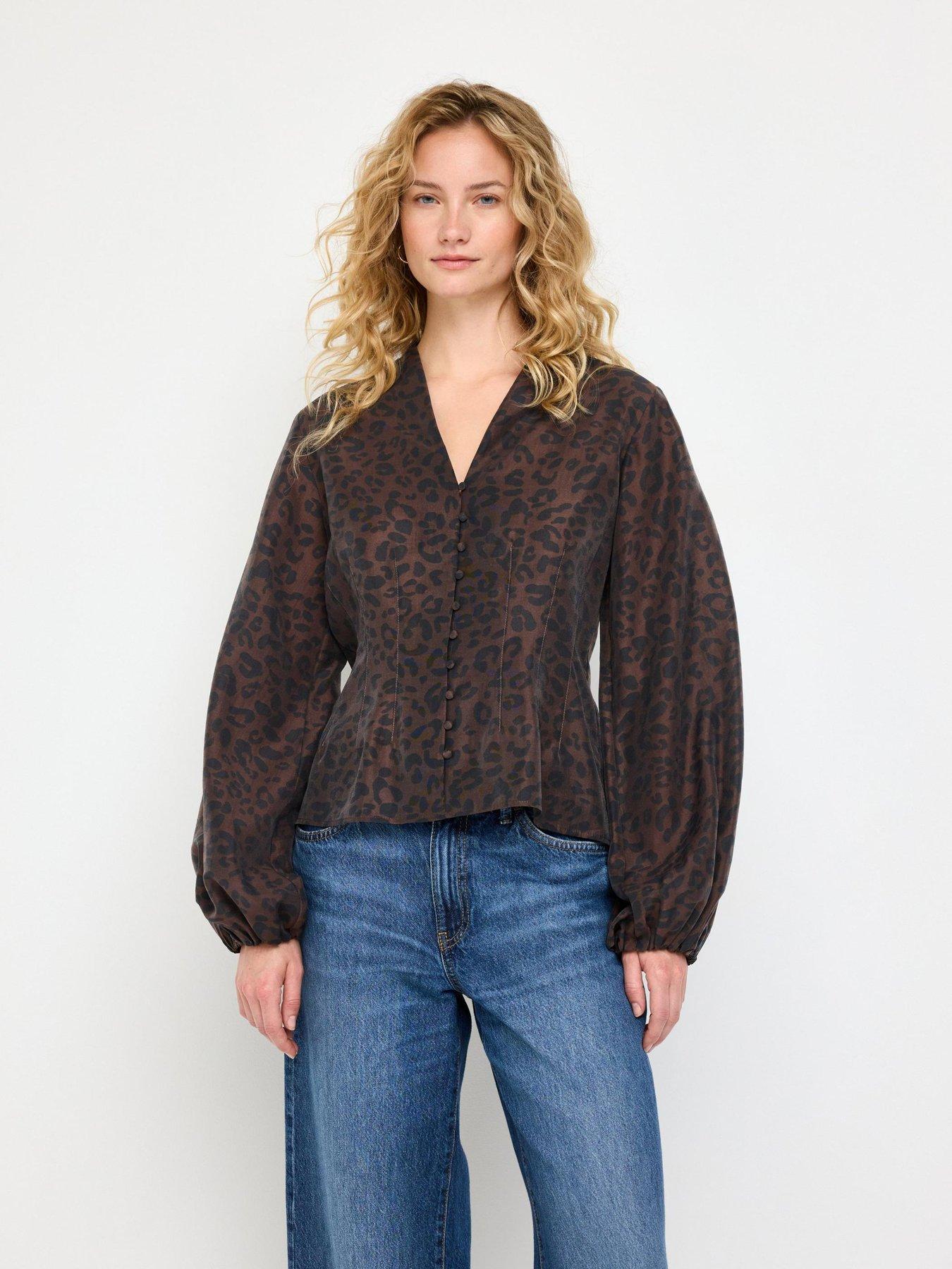 Image 1 of 4 of Lindex Womens V-Neck Leopard Print Blouse - Brown