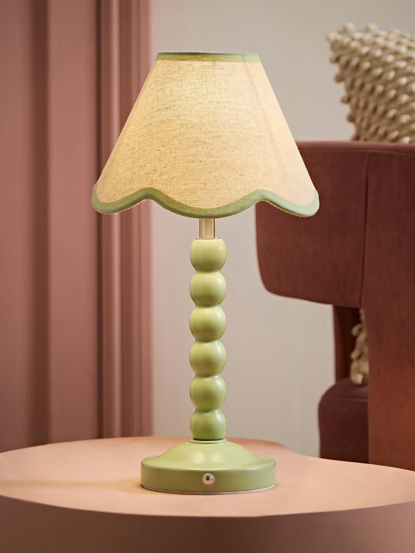 ValueLights Bobble Green Rechargeable Table Lamp With Green Trim Scallop Shade